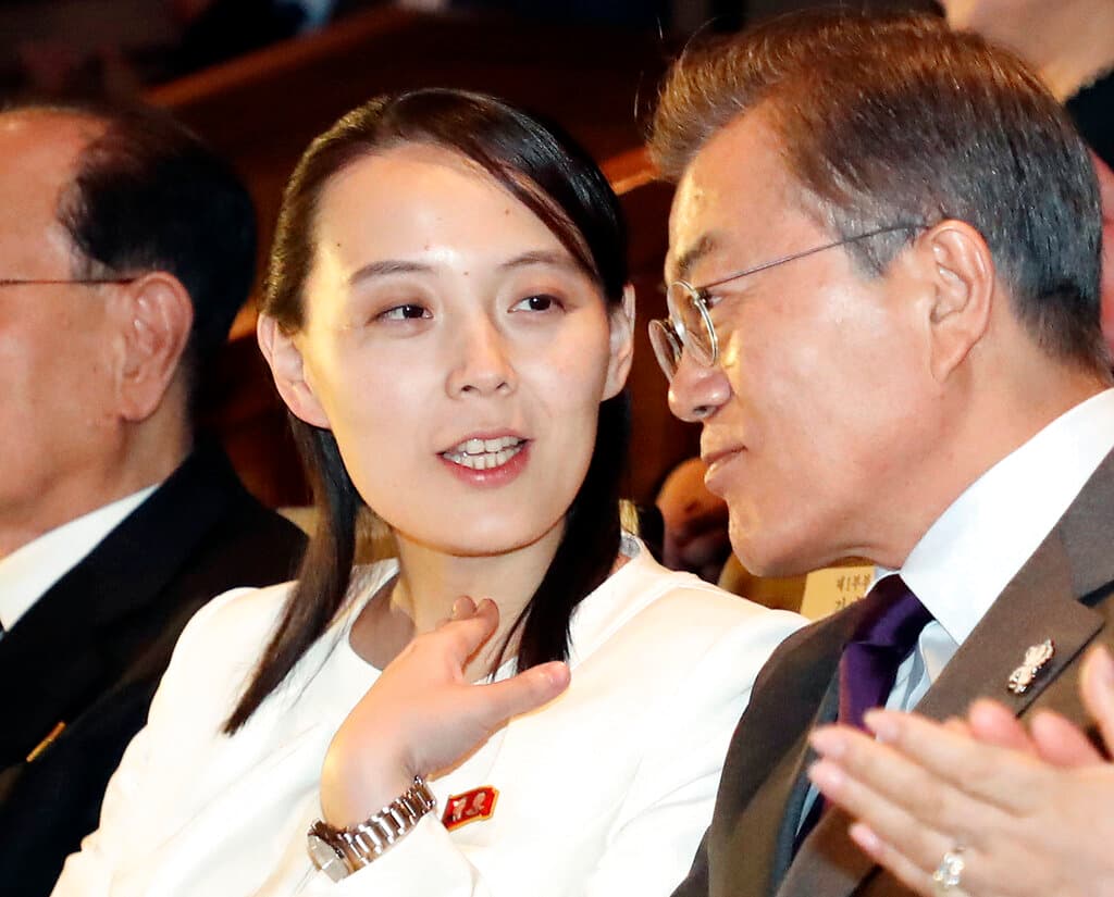 Bee Jae-man/Yonhap via AP, file Kim Yo-jong with the former South Korean president, Moon Jae-in.