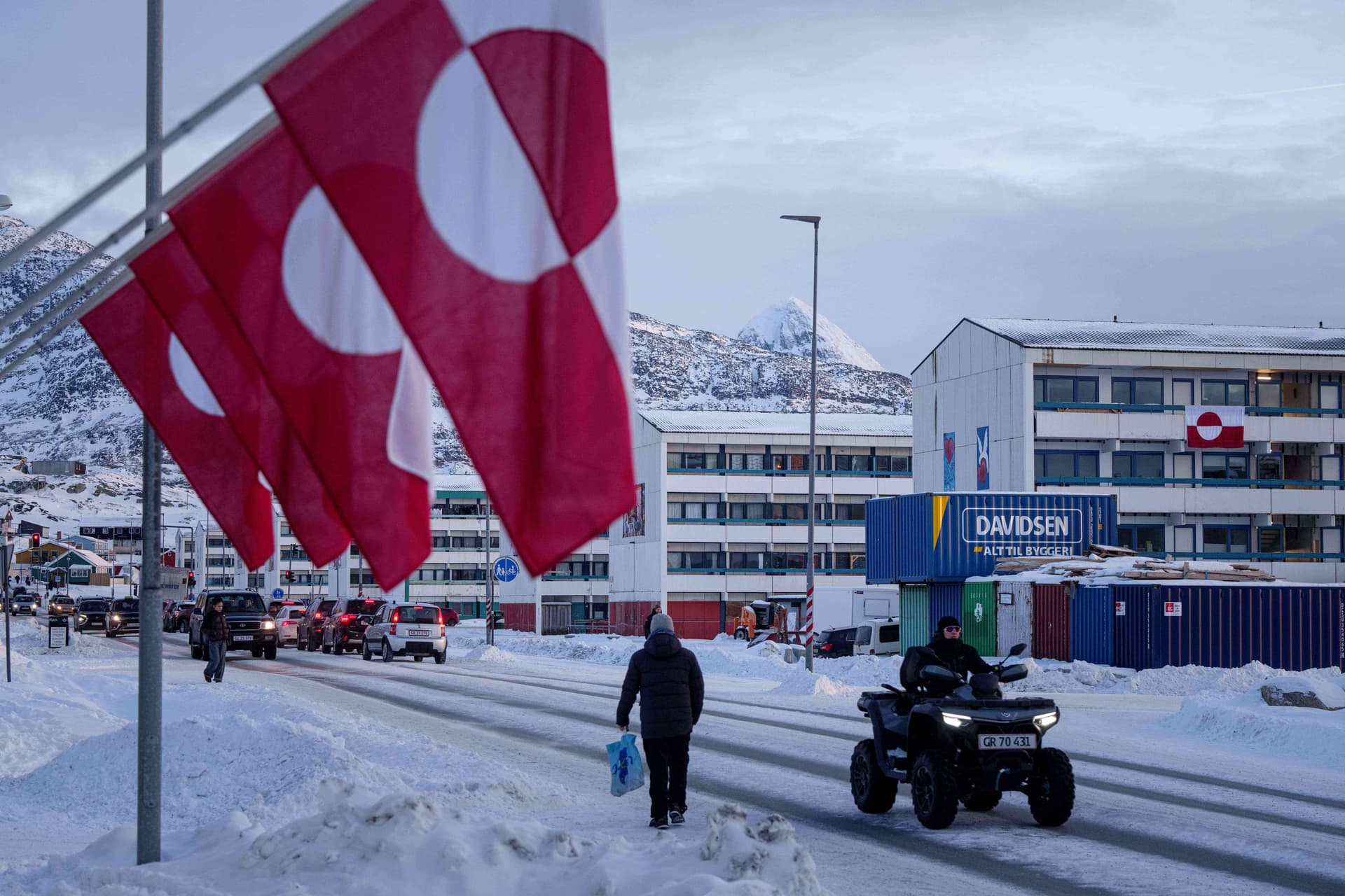 Evgeniy Maloletka/AP Flags at Nuuk, Greenland, January 14, 2026.