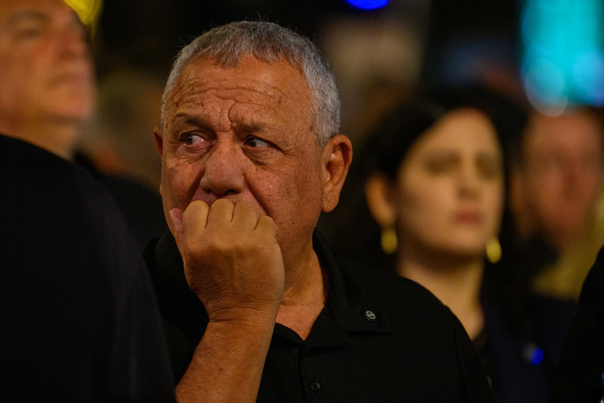 Alexi Rosenfeld/Getty Images Gadi Eizenkot reacts during an anti-government demonstration and alternative memorial service for civilians and soldiers killed on October 7, 2023 during Hamas' attack on Israel, on April 18, 2026 at Tel Aviv, Israel.