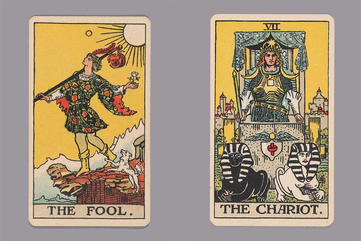 Via The Morgan Library. 'The Fool' and 'The Chariot,' by Pamela Colman Smith, from the Rider-Waite deck of tarot cards, between 1921 and 1931. Detail.