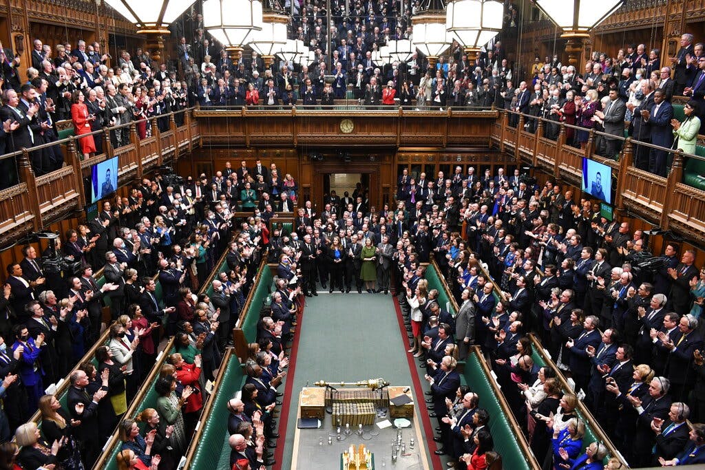President Zelensky addresses via video British lawmakers at London, March 8, 2022. AP/Jessica Taylor/UK Parliament 