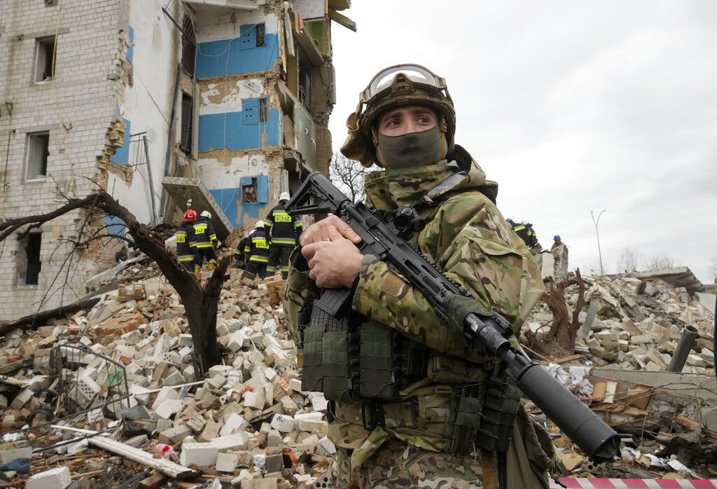 A Ukrainian soldier at Borodyanka, Ukraine, on Wednesday April 6. AP Photo/Efrem Lukatsky