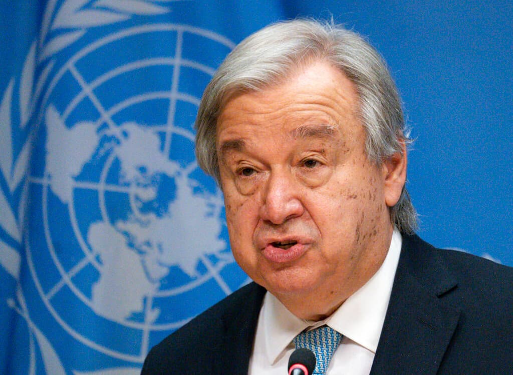 The United Nations secretary-general, Antonio Guterres, is seen here in front of the U.N. logo on June 8, 2022. 
