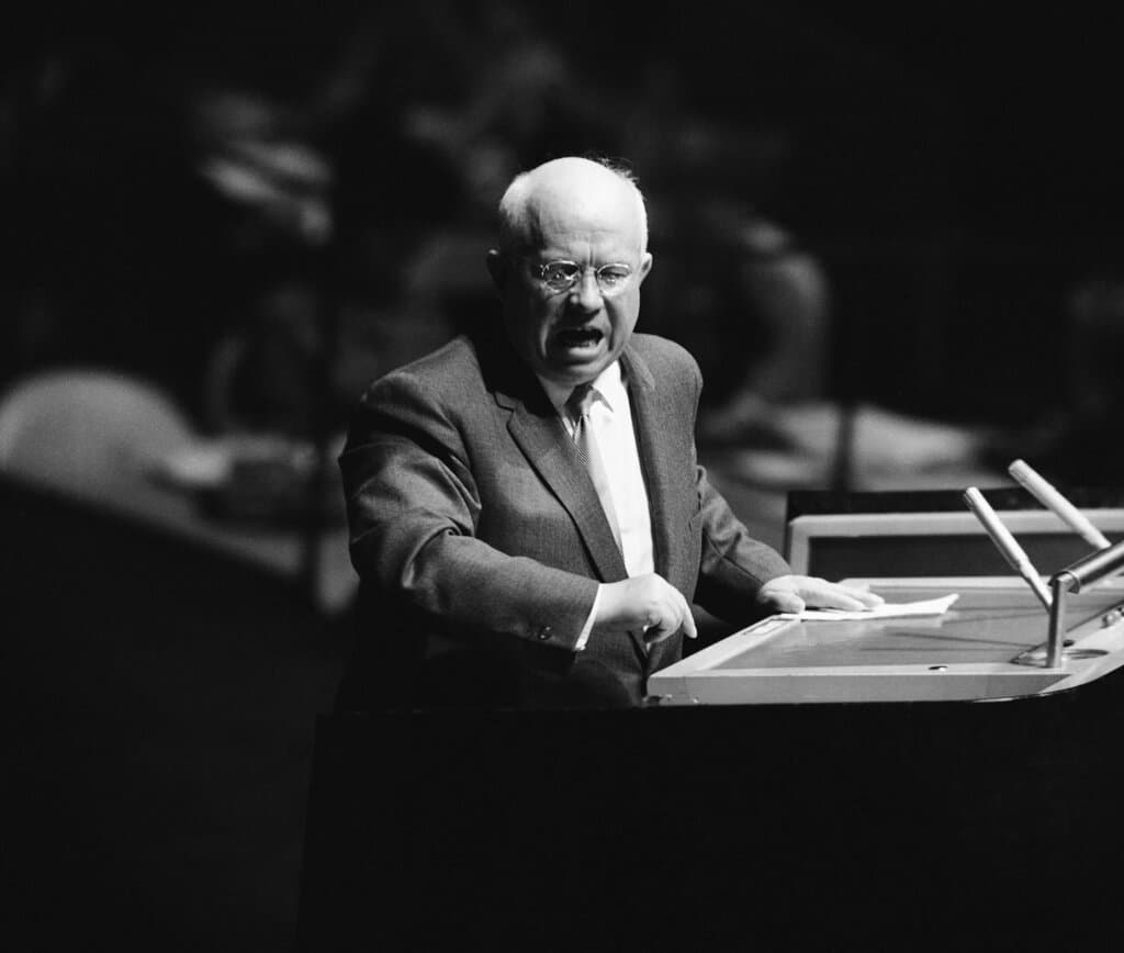 Soviet Premier Nikita Khrushchev uses emphatic gestures during an angry speech before the United Nations General Assembly, October 11, 1960. 