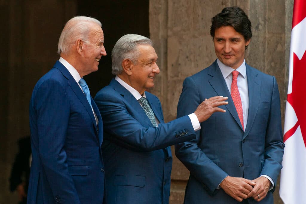 President Biden with the Mexican president, Andres Manuel Lopez Obrador, and the Canadian prime minister, Justin Trudeau, at the 10th North American Leaders' Summit at the National Palace at Mexico City, January 10, 2023. 