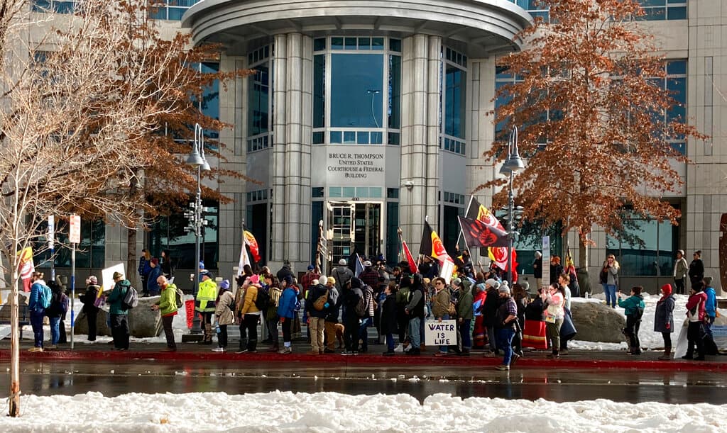 Outside the federal courthouse at Reno, Nevada, protesters rally against a proposed lithium mine, January 5, 2023.