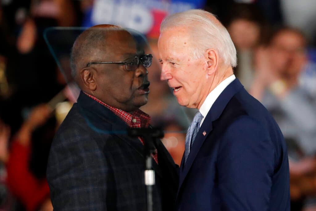 President Biden talks to Representative James Clyburn on February 29, 2020 after winning the South Carolina primary. 