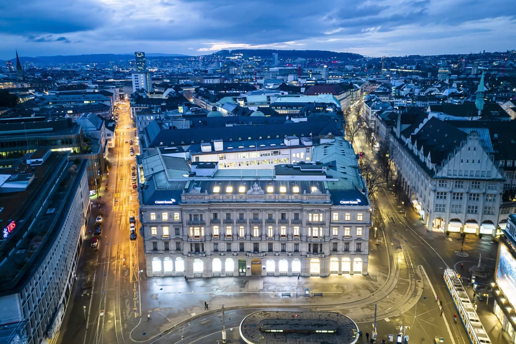 An aerial view of the headquarters of the Swiss banks Credit Suisse, center, and UBS, left, at Zurich, Switzerland.