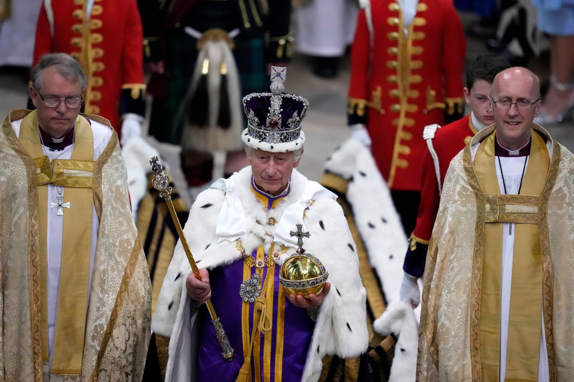 King Charles III walks in the Coronation Procession at Westminster Abbey at London, May 6, 2023. 