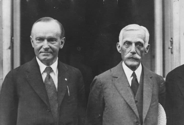 President Coolidge, left, and his Treasury secretary, Andrew Mellon, outside the White House.
