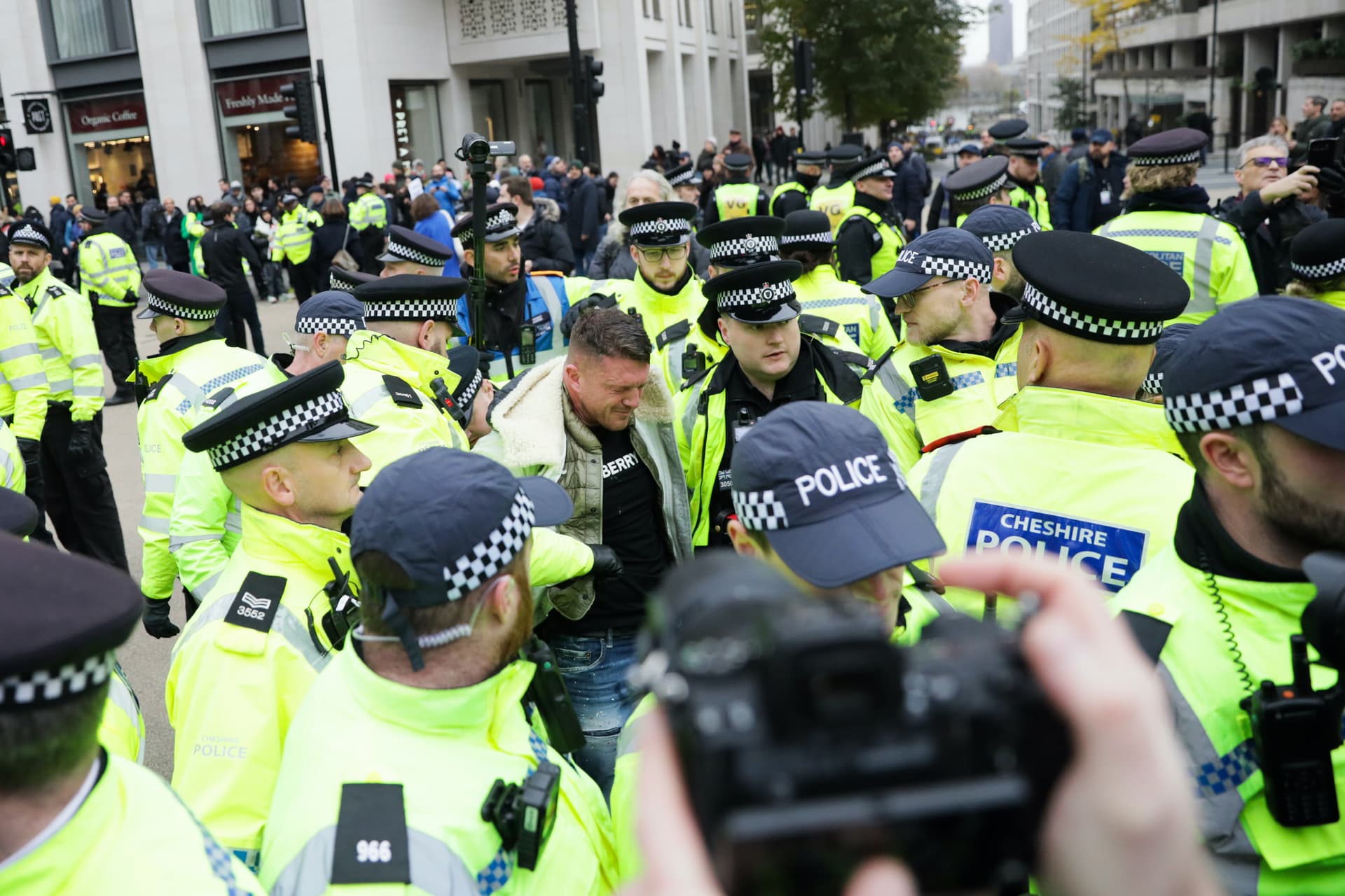 British right-wing activist, Tommy Robinson, is detained by police during the march against antisemitism on November 26, 2023, at London.