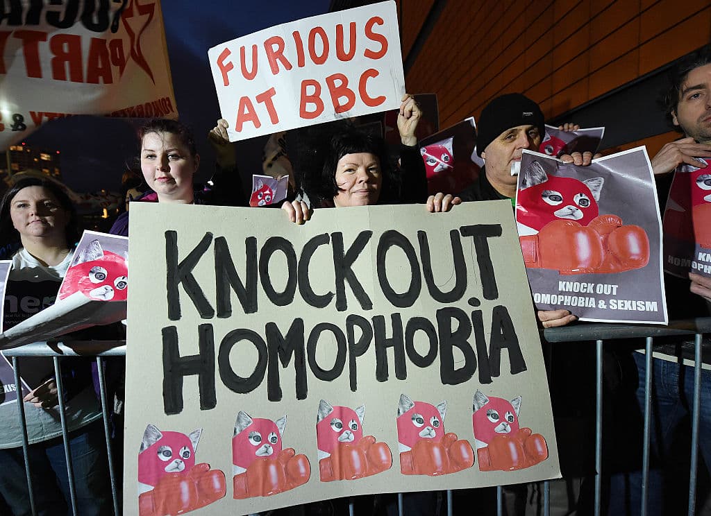 LGBT supporters protest at the BBC Sports Personality of the Year awards in 2015.