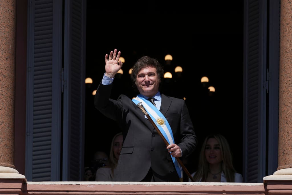 President Milei on the balcony of the government house at Buenos Aires, December 10, 2023. 