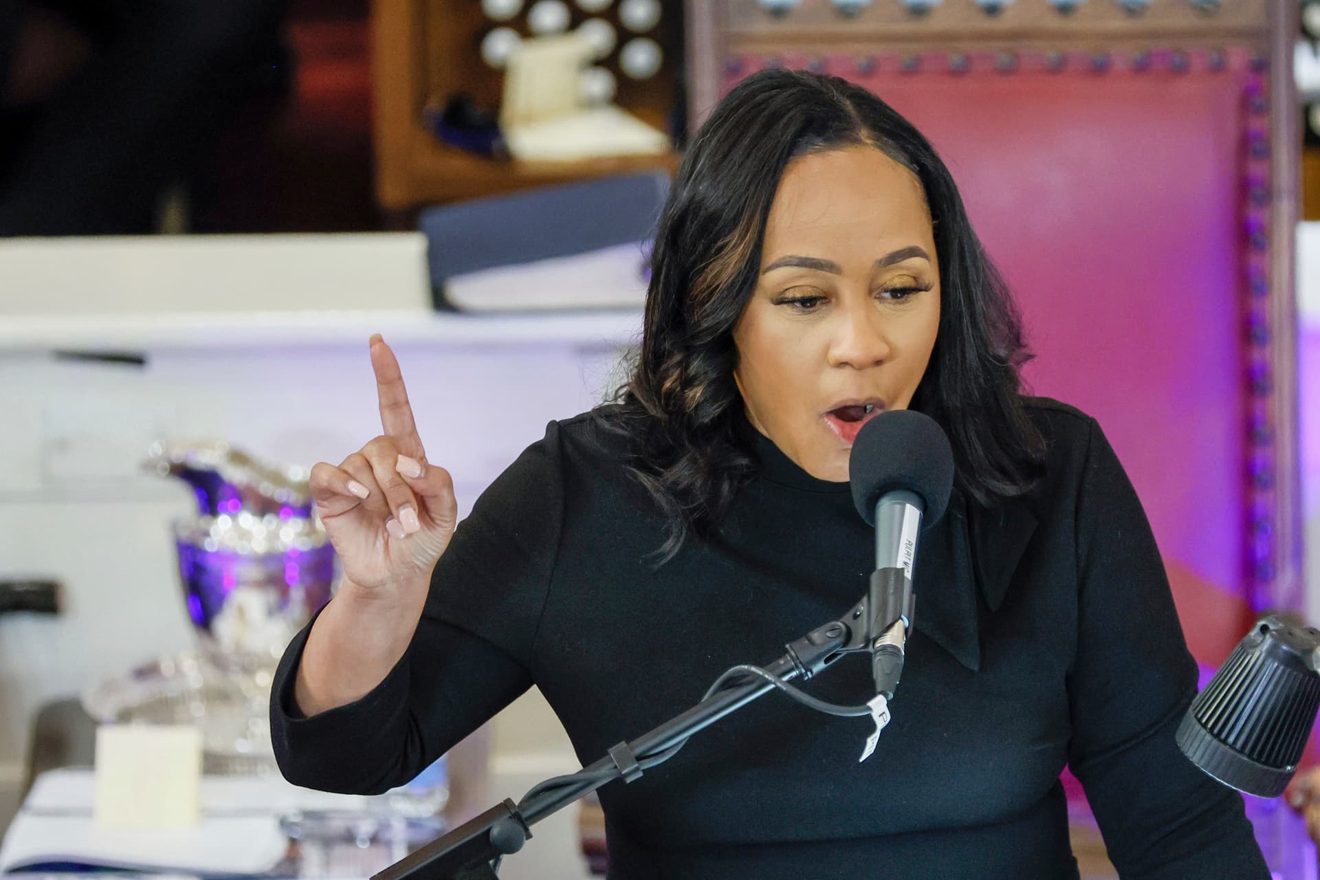 The Fulton County  District Attorney Fani Willis speaks on January 14, 2024, at Atlanta.