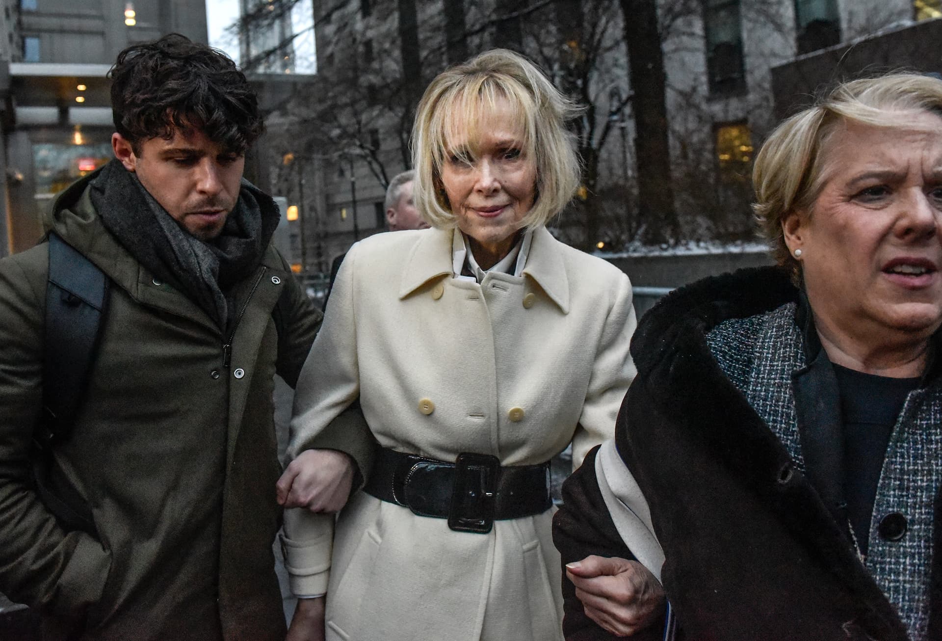 E. Jean Carroll departs her defamation trial against President Trump at New York federal court on January 16, 2024.