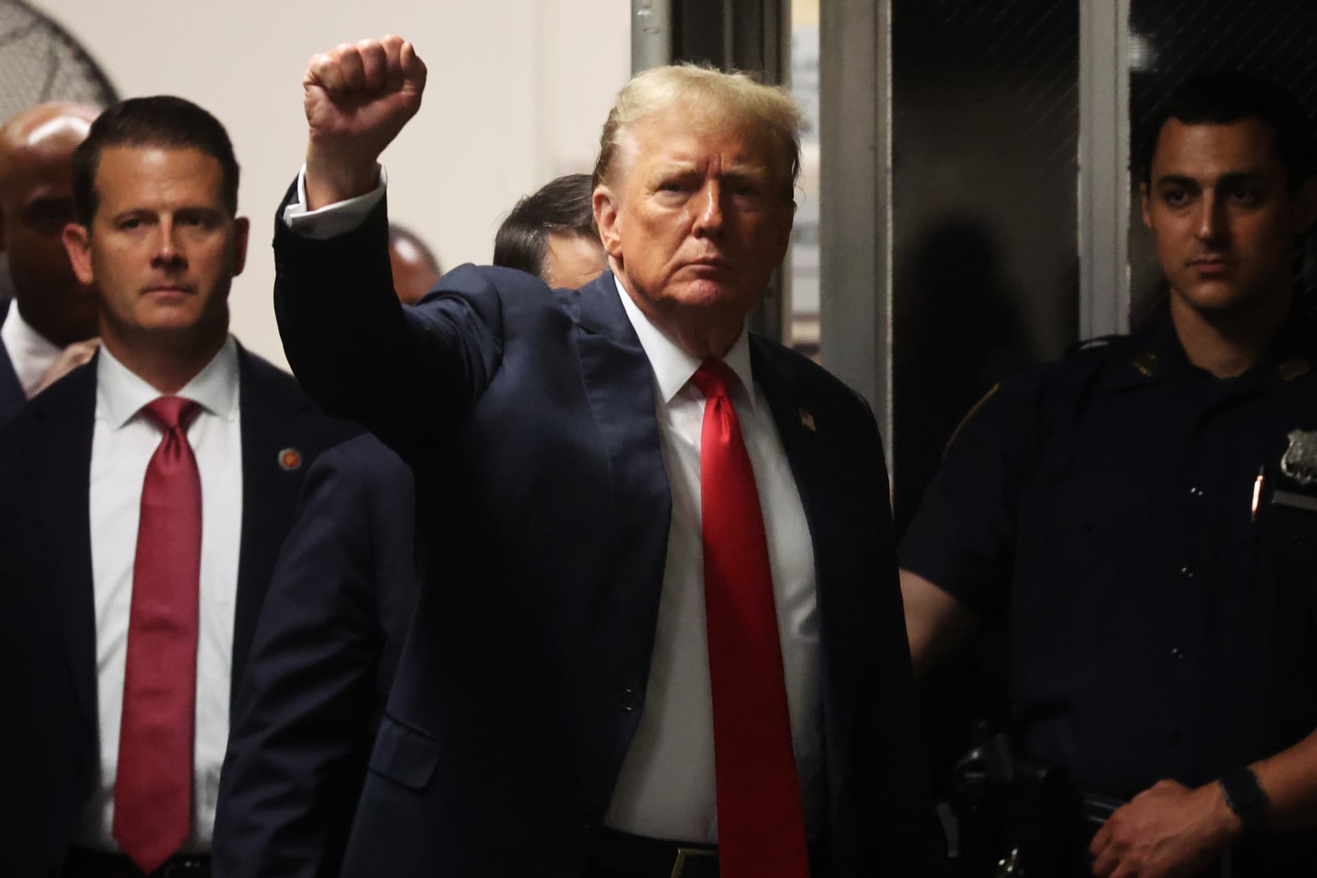 President Trump arrives after a lunch break at his criminal trial for allegedly covering up hush money payments at Manhattan Criminal Court at New York City, May 28, 2024.  