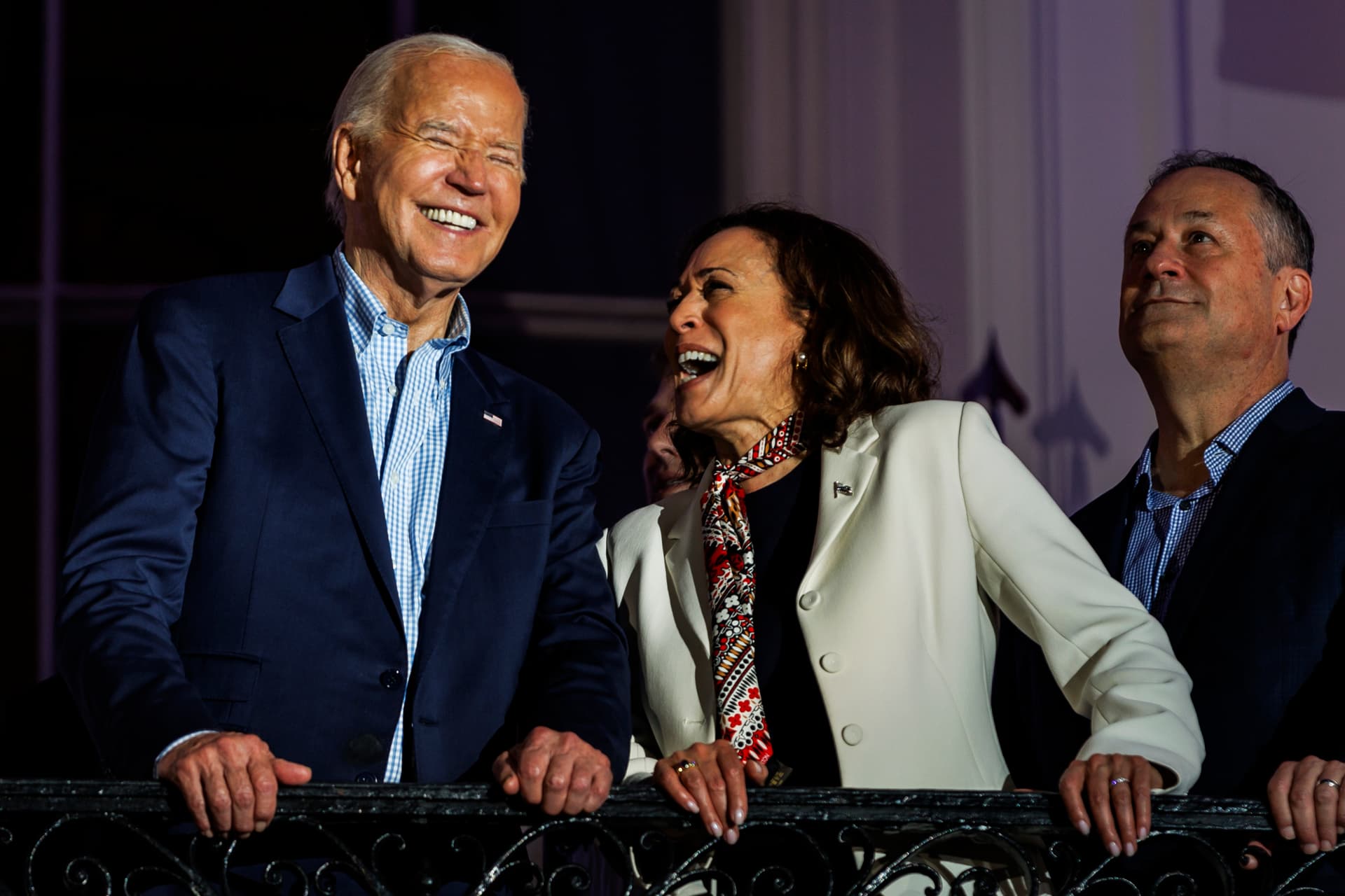 President Biden and Vice President Harris view the fireworks on the National Mall from the White House, July 4, 2024.