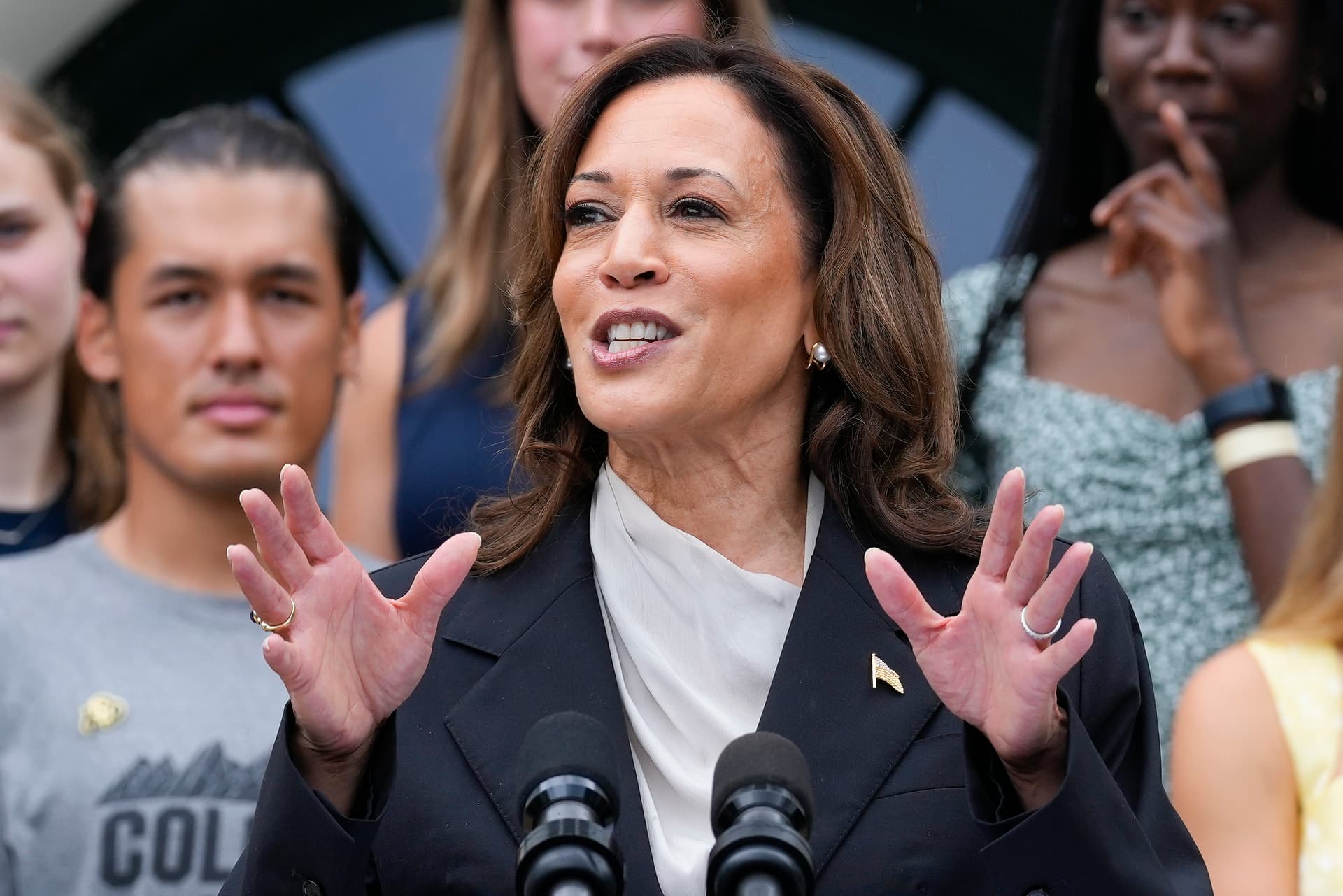 Vice President Harris speaks from the South Lawn of the White House on July 22, 2024.