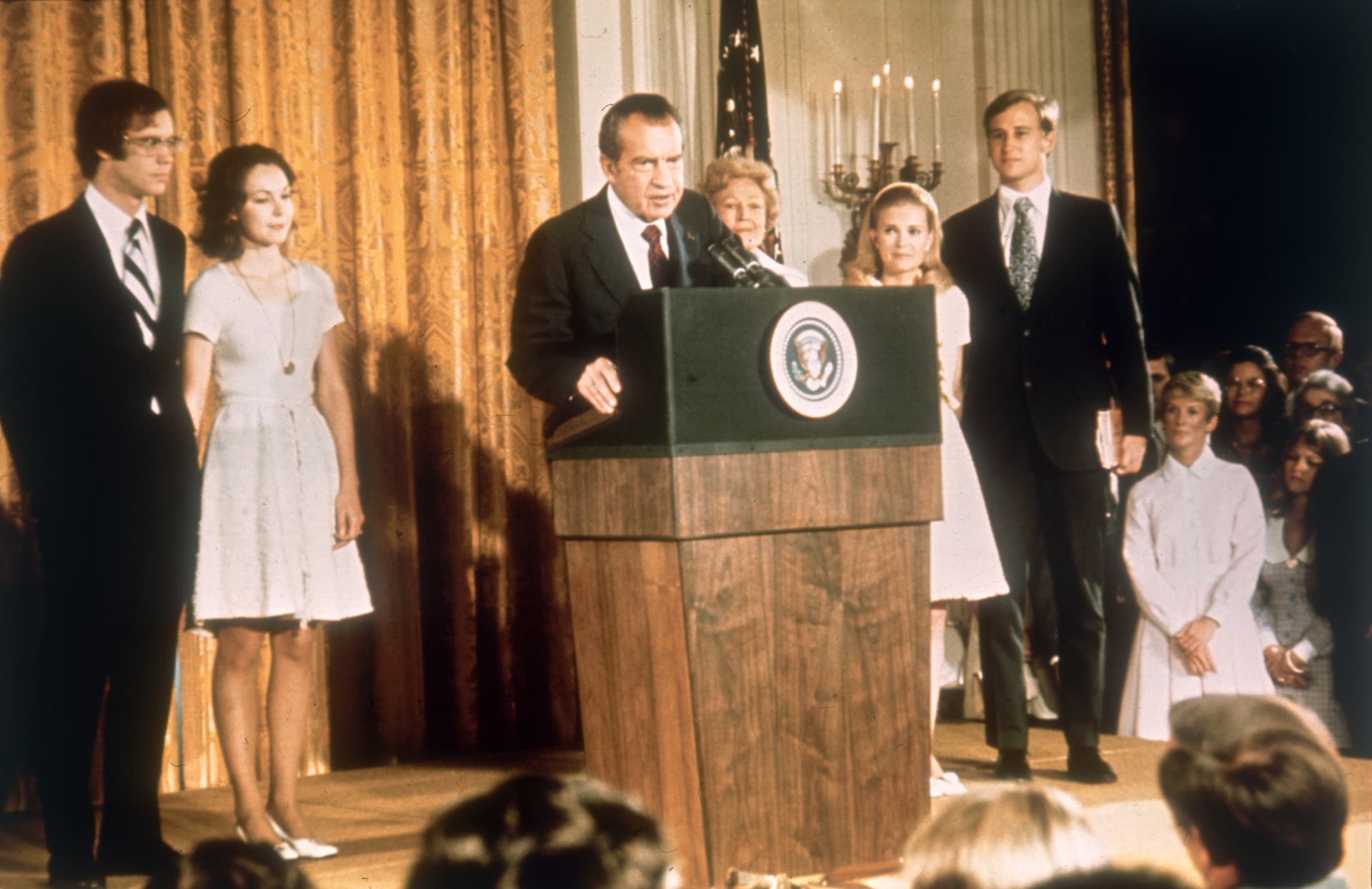 President Nixon at the White House with his family after his resignation on August 9, 1974. 
