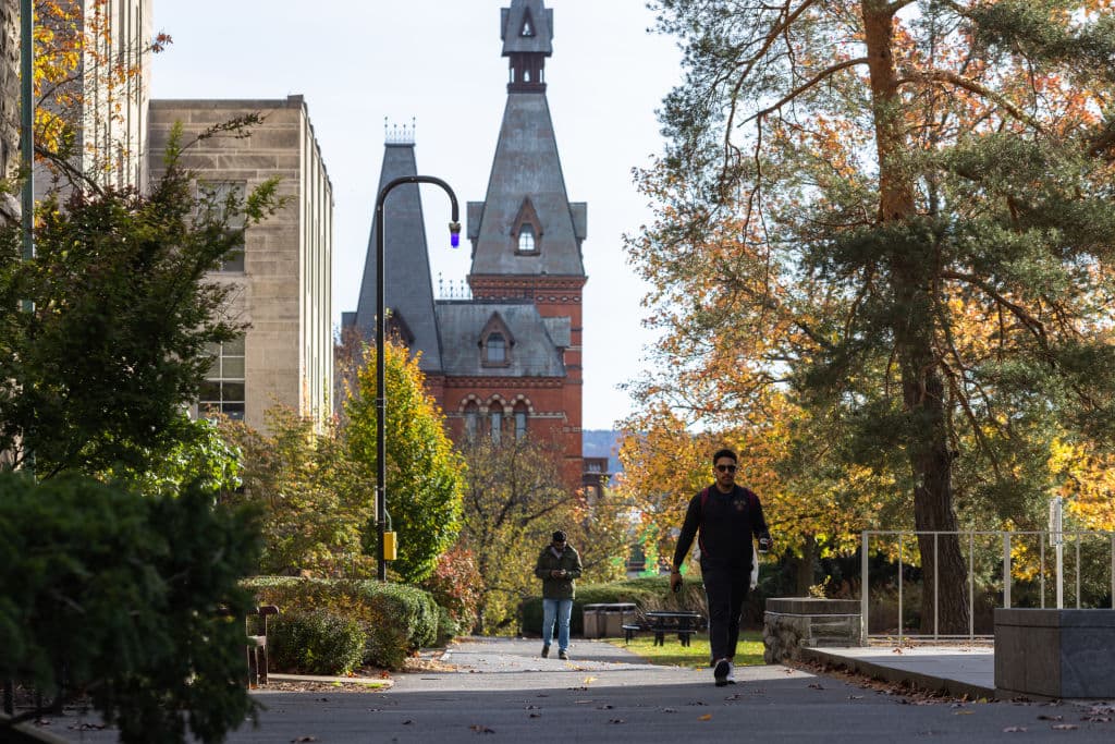 People walk through the Cornell University campus on November 3, 2023 at Ithaca, New York.