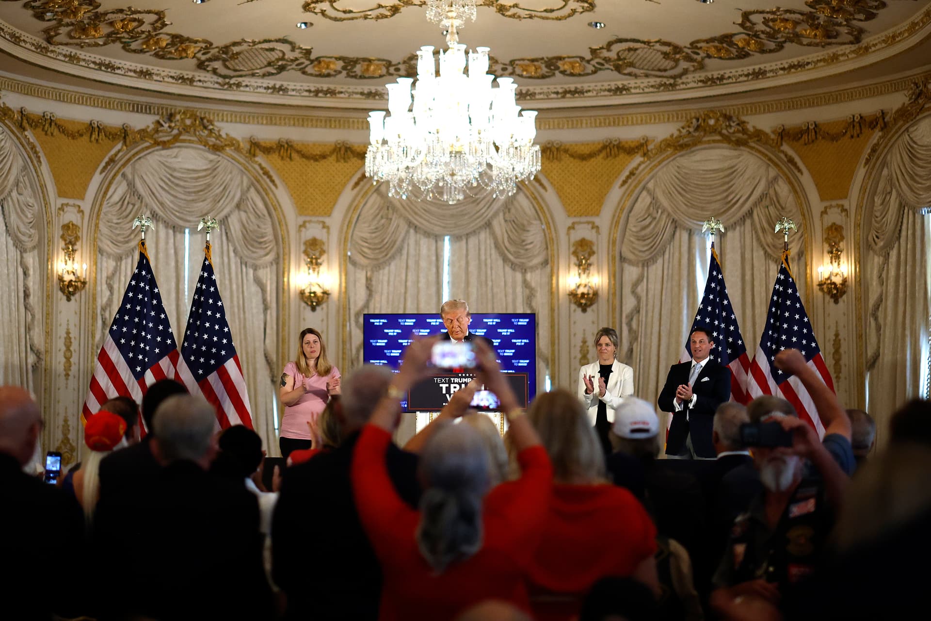 President Trump prepares to speak in the ballroom of the Mar-a-Lago Club October 29, 2024, at Palm Beach, Florida. 
