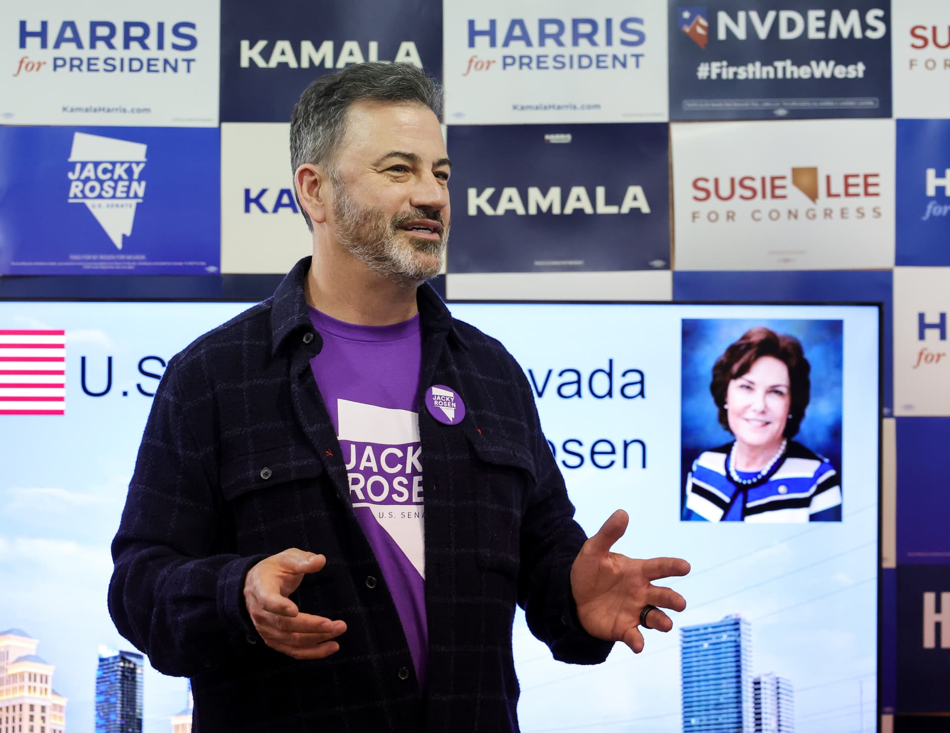 Jimmy Kimmel thanks volunteer workers at a Las Vegas Democratic coordinated campaign canvass launch with Senator Jacky Rosen on  October 21, 2024.