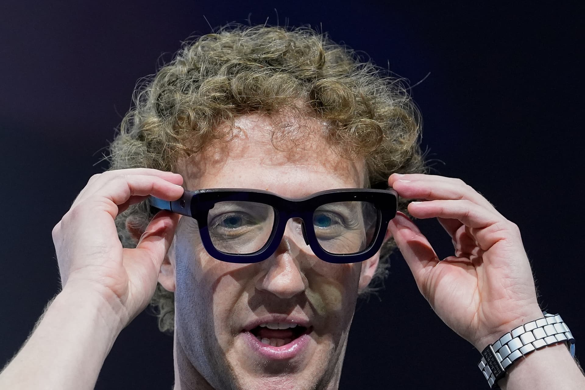 Mark Zuckerberg wears a pair of Orion AR glasses during the Meta Connect conference on Sept. 25, 2024, at Menlo Park, Calif. 