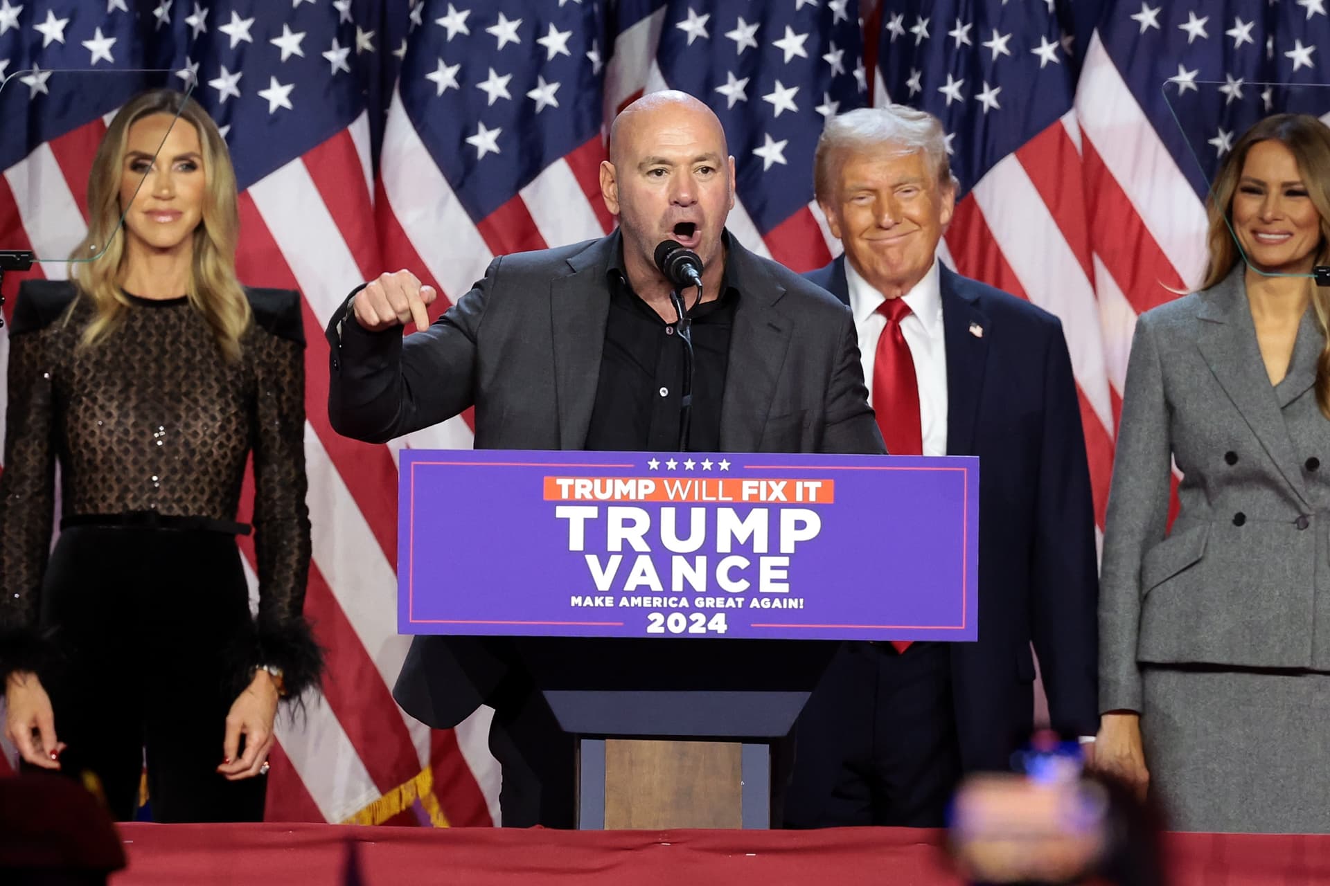 CEO of the Ultimate Fighting Championship Dana White speaks during an election night event for President Trump at the Palm Beach Convention Center on November 06, 2024.