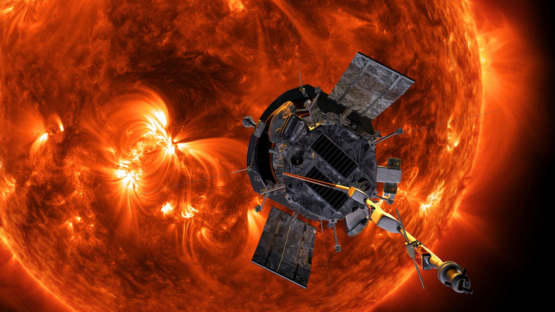 This image made available by NASA shows an artist's rendering of the Parker Solar Probe approaching the Sun. It's designed to take solar punishment like never before, thanks to its revolutionary heat shield that's capable of withstanding 2,500 degrees Fahrenheit.