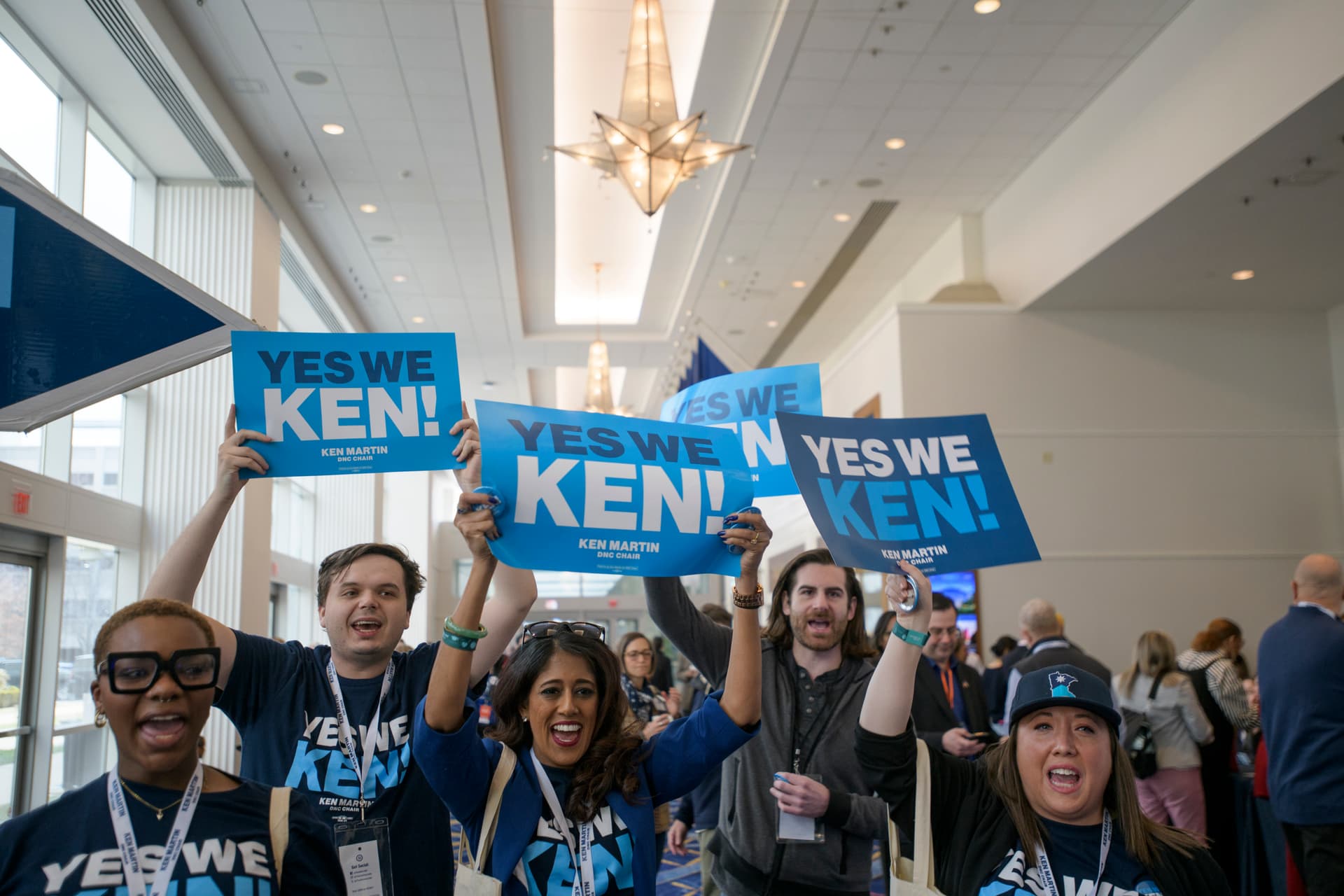 Supporters and volunteers of DNC chair candidate Ken Martin outside the party's Winter Meeting at National Harbor, Maryland.
