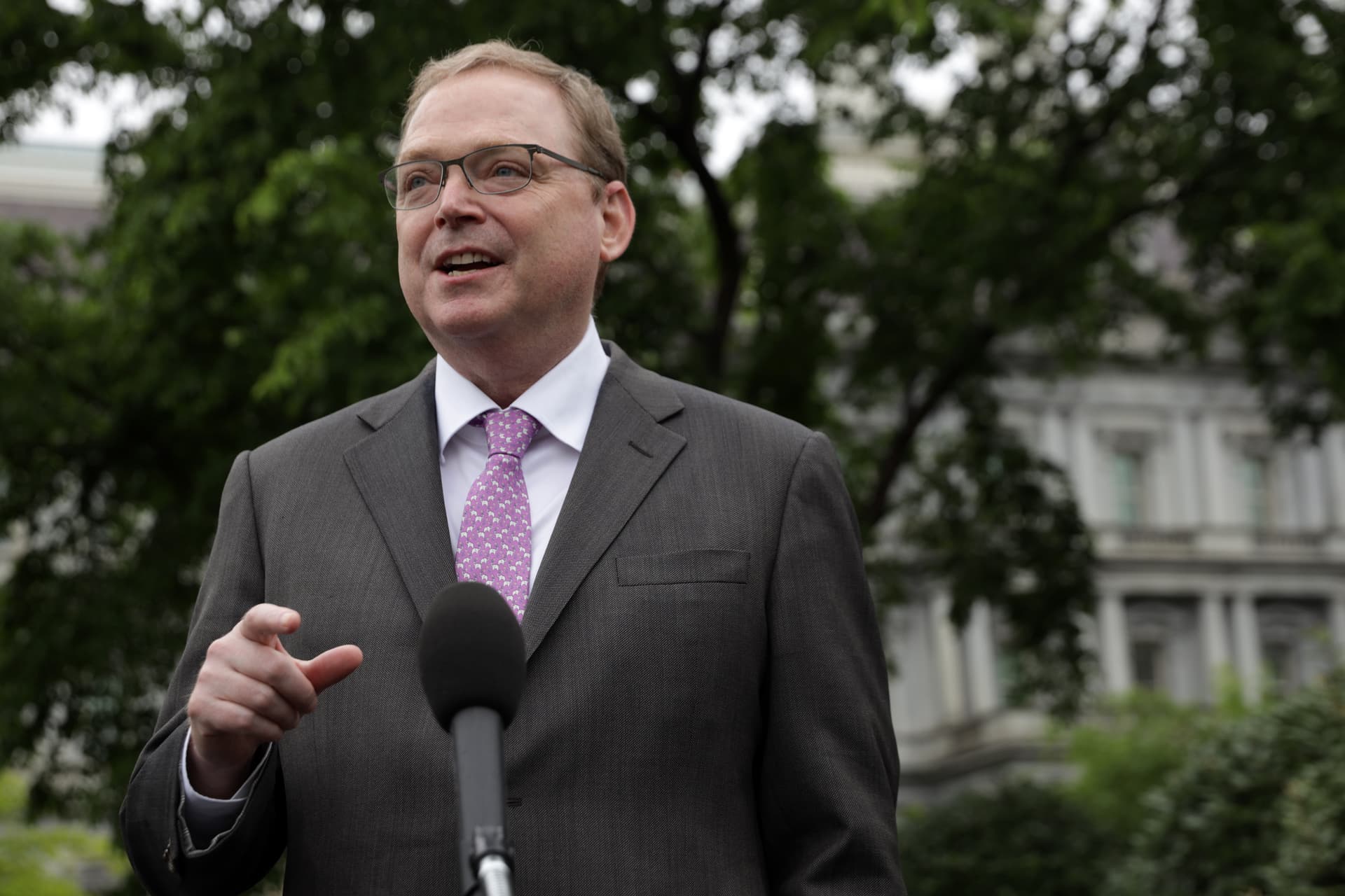 White House economic adviser Kevin Hassett stands for an interview in front of the West Wing of the White House on May 22, 2020.  