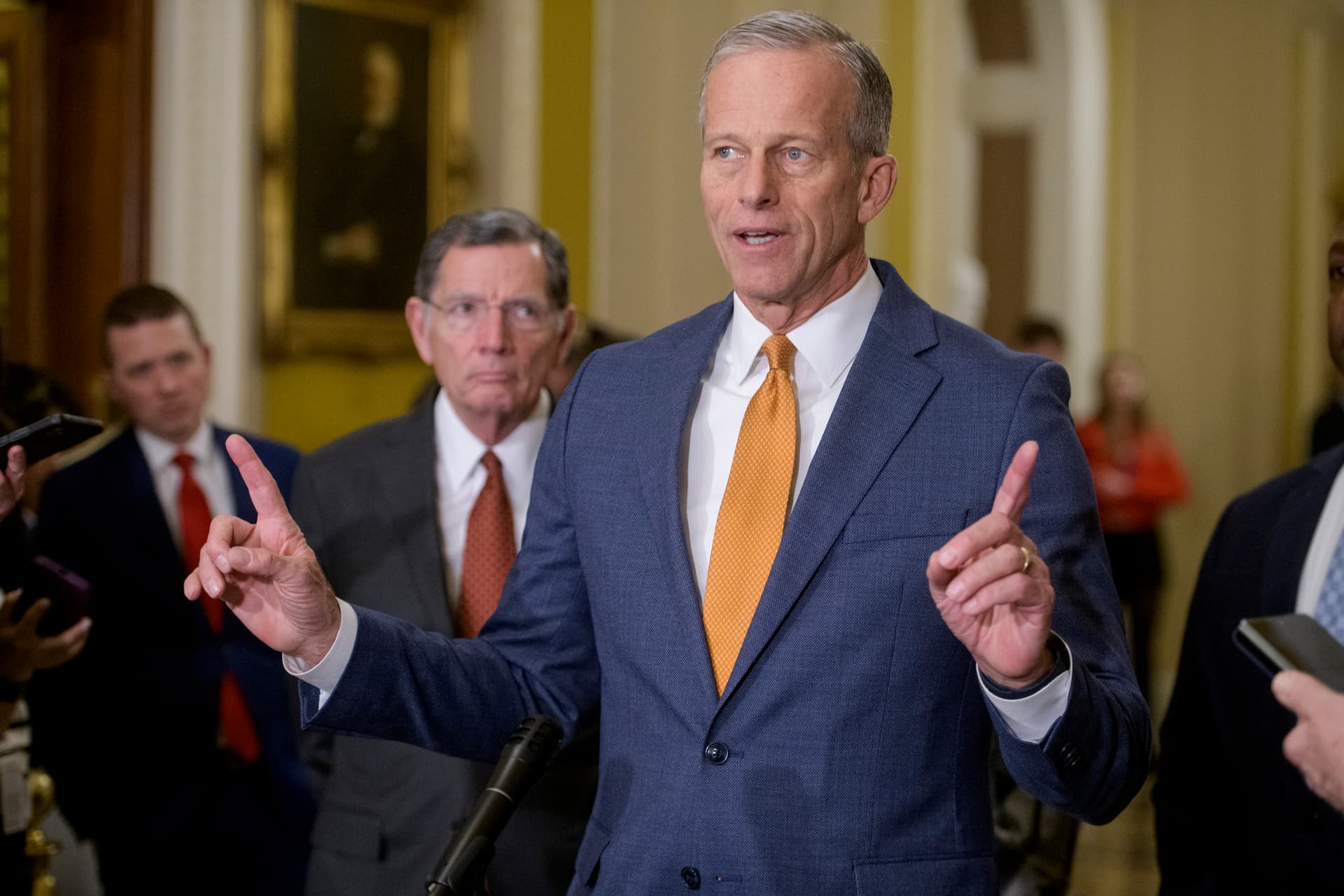 Senator John Thune speaks following the Senate Republican policy luncheon at the Capitol in 2025.