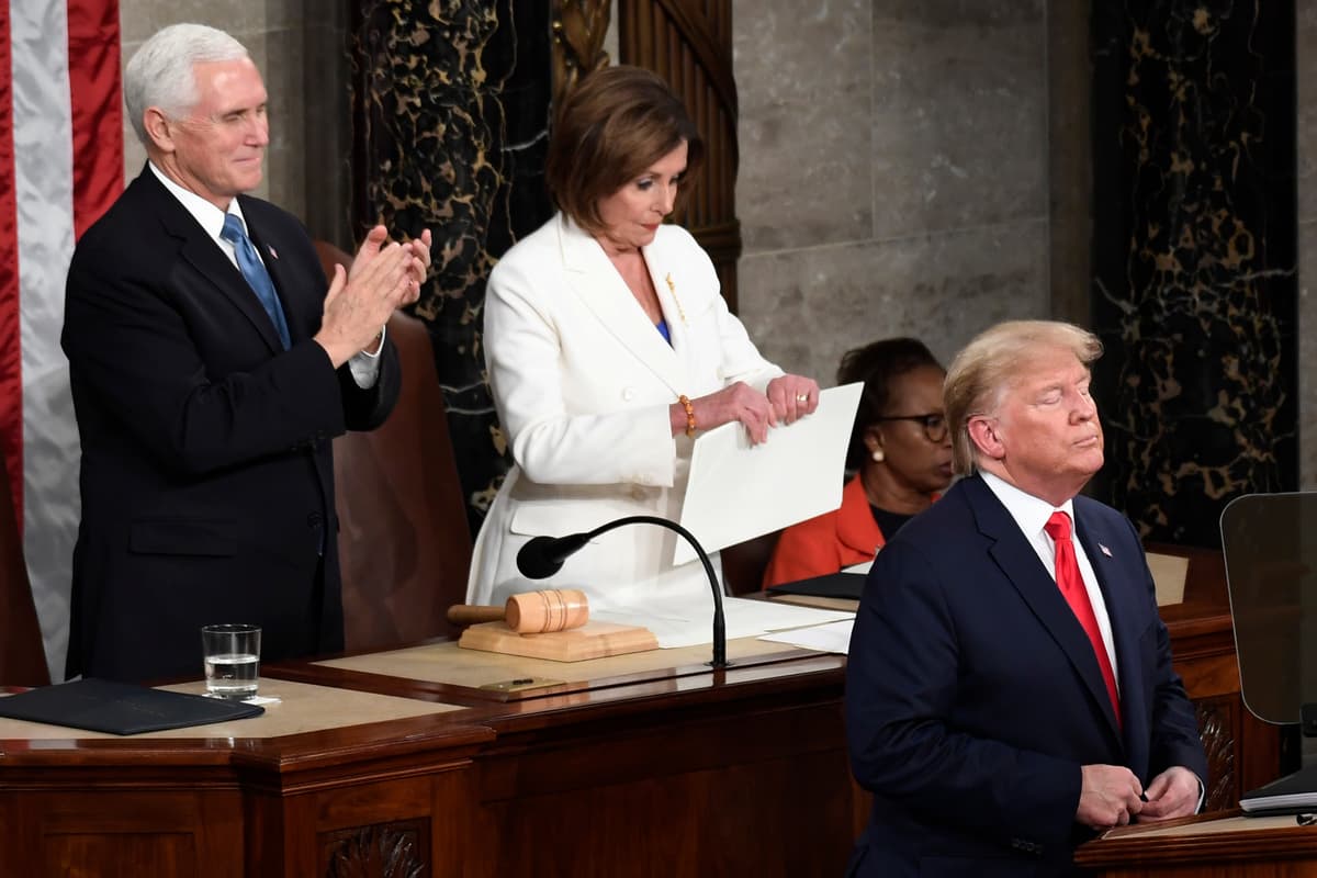 Speaker Pelosi tears her copy of President Trump's s State of the Union address after he delivered it to a joint session of Congress in February 2020.