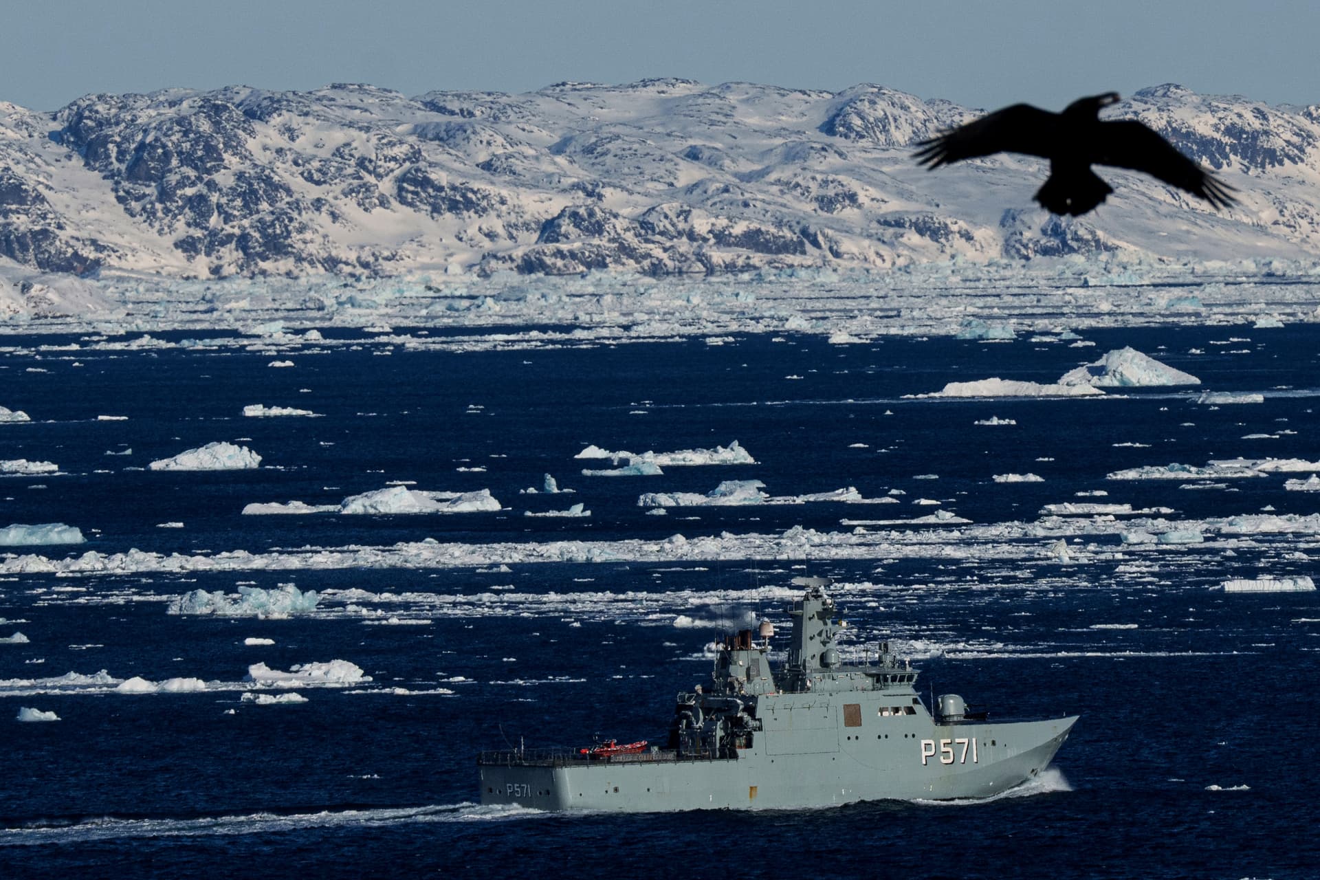 A military vessel, Ejnar Mikkelsen of the Royal Danish Navy, patrols near Nuuk, Greenland.