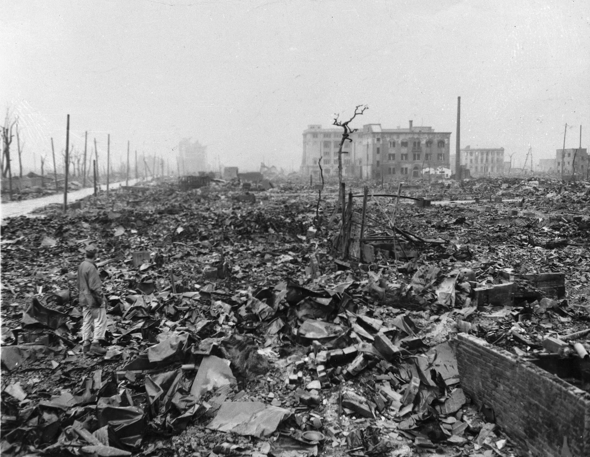 The aftermath of an atom bomb being dropped on Hiroshima in 1945. 