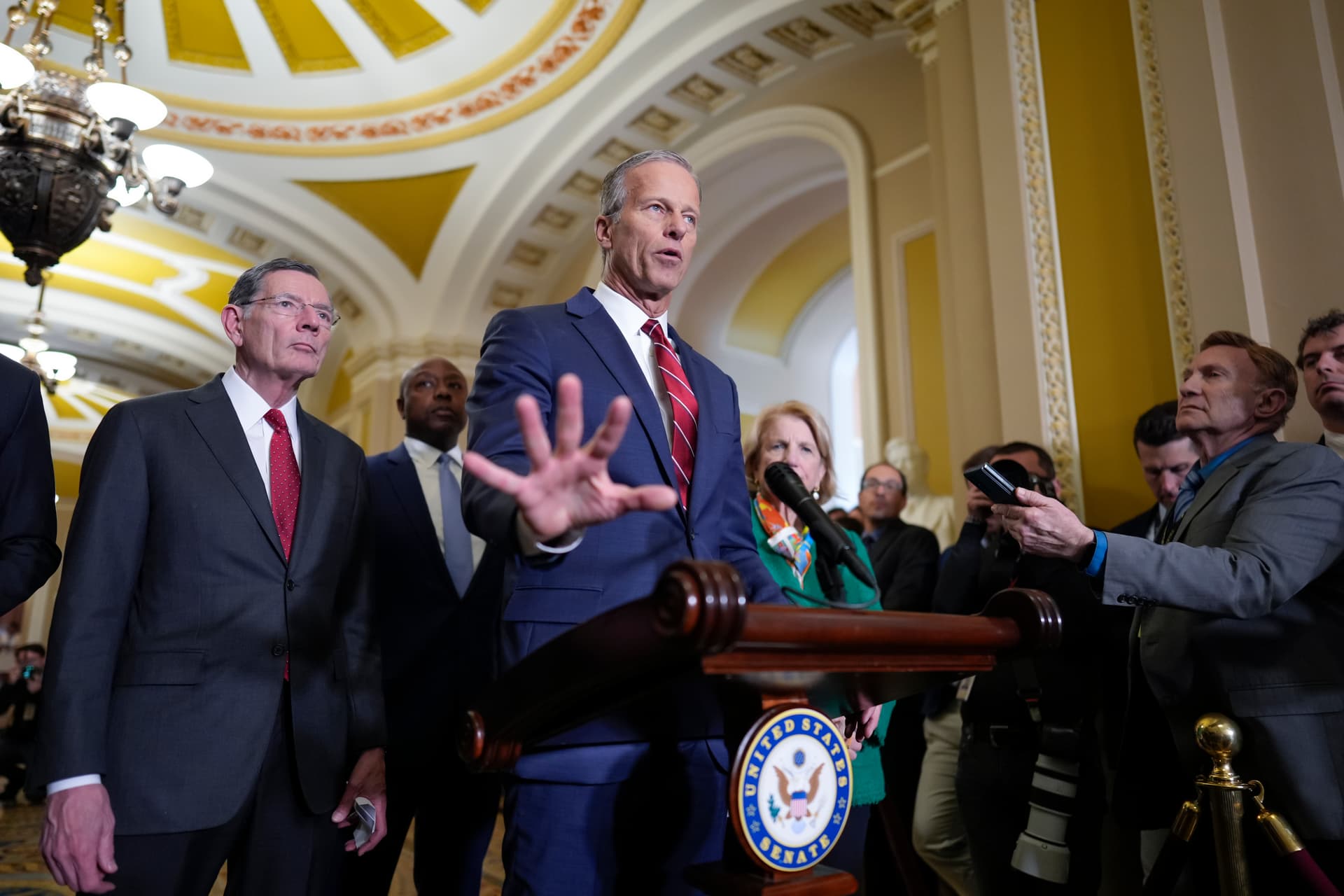 Senator Thune, joined by Senator Barrasso, the GOP whip, left, at the Capitol, April 1, 2025. 
