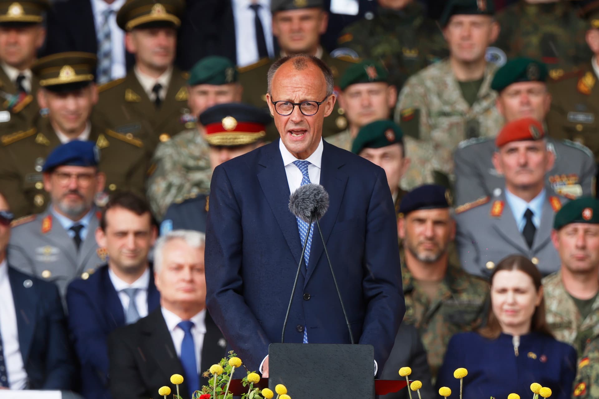 Chancellor Friedrich Merz at inauguration of a German brigade for NATO's eastern flank at Vilnius, May 22, 2025. 
