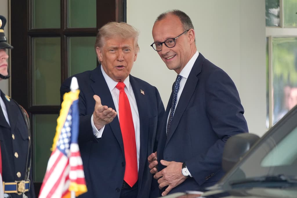 President Trump greets Germany's chancellor, Friedrich Merz, upon his arrival at the White House, June 5, 2025.