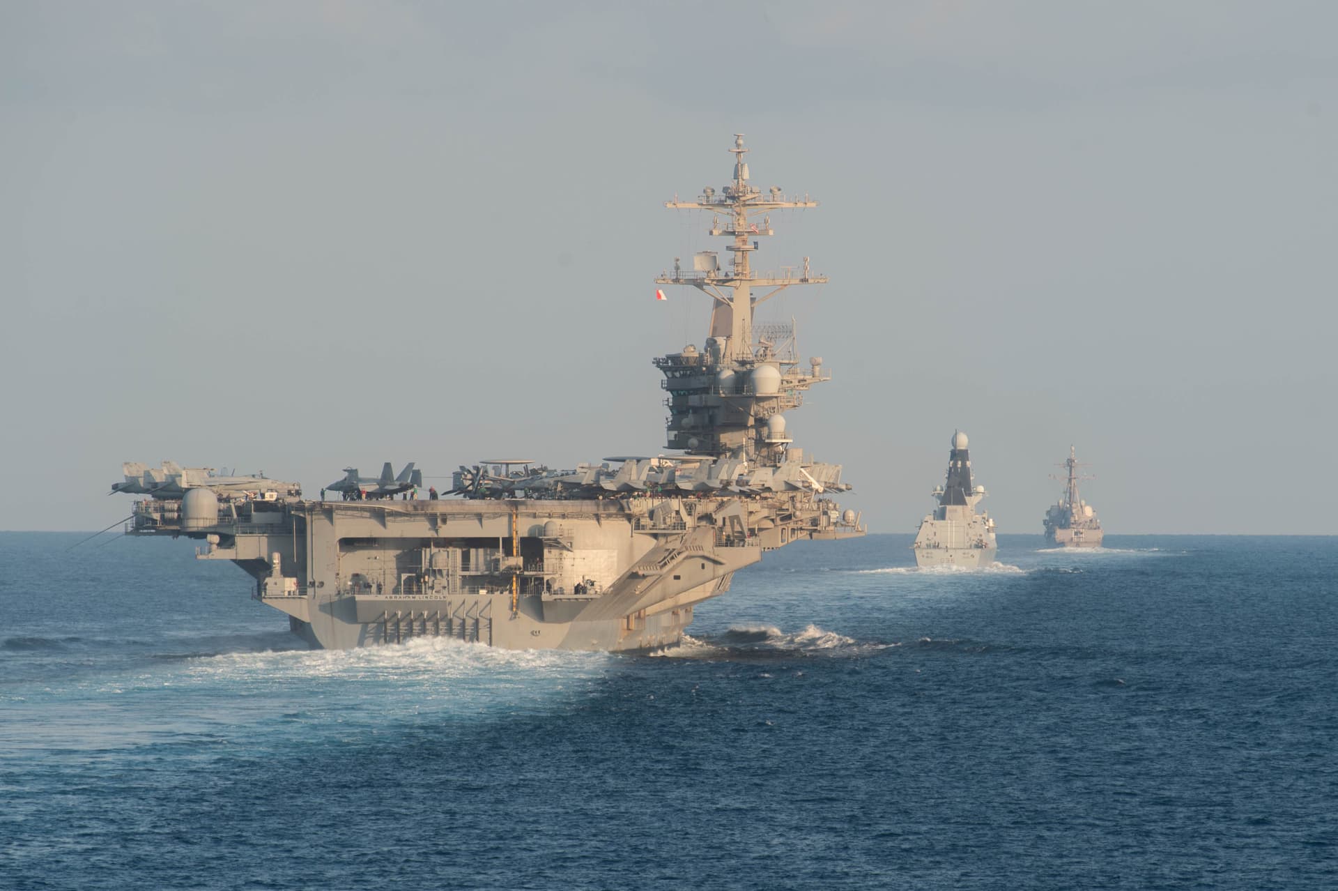 United States Ship Abraham Lincoln transits the Strait of Hormuz on November 19, 2019.