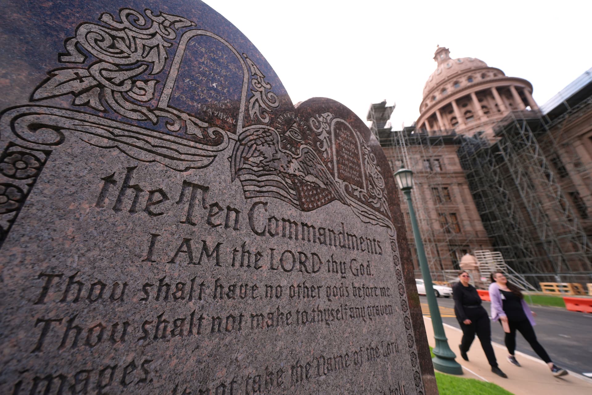 A granite Ten Commandments monument stands on the grounds of the Texas Capitol, May 29, 2025, at Austin, Texas.