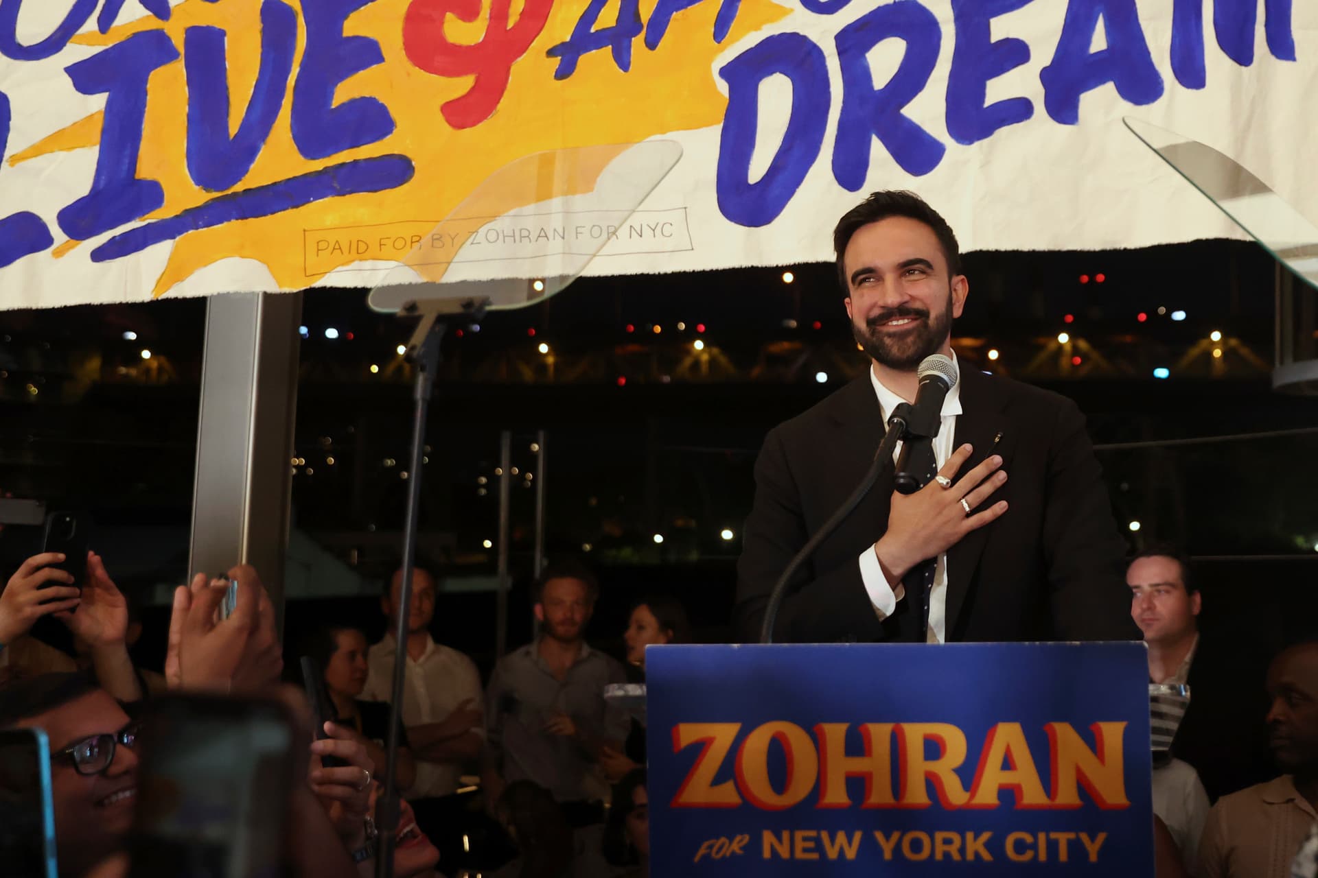 Zohran Mamdani takes the stage at his primary election party, June 25, 2025. 