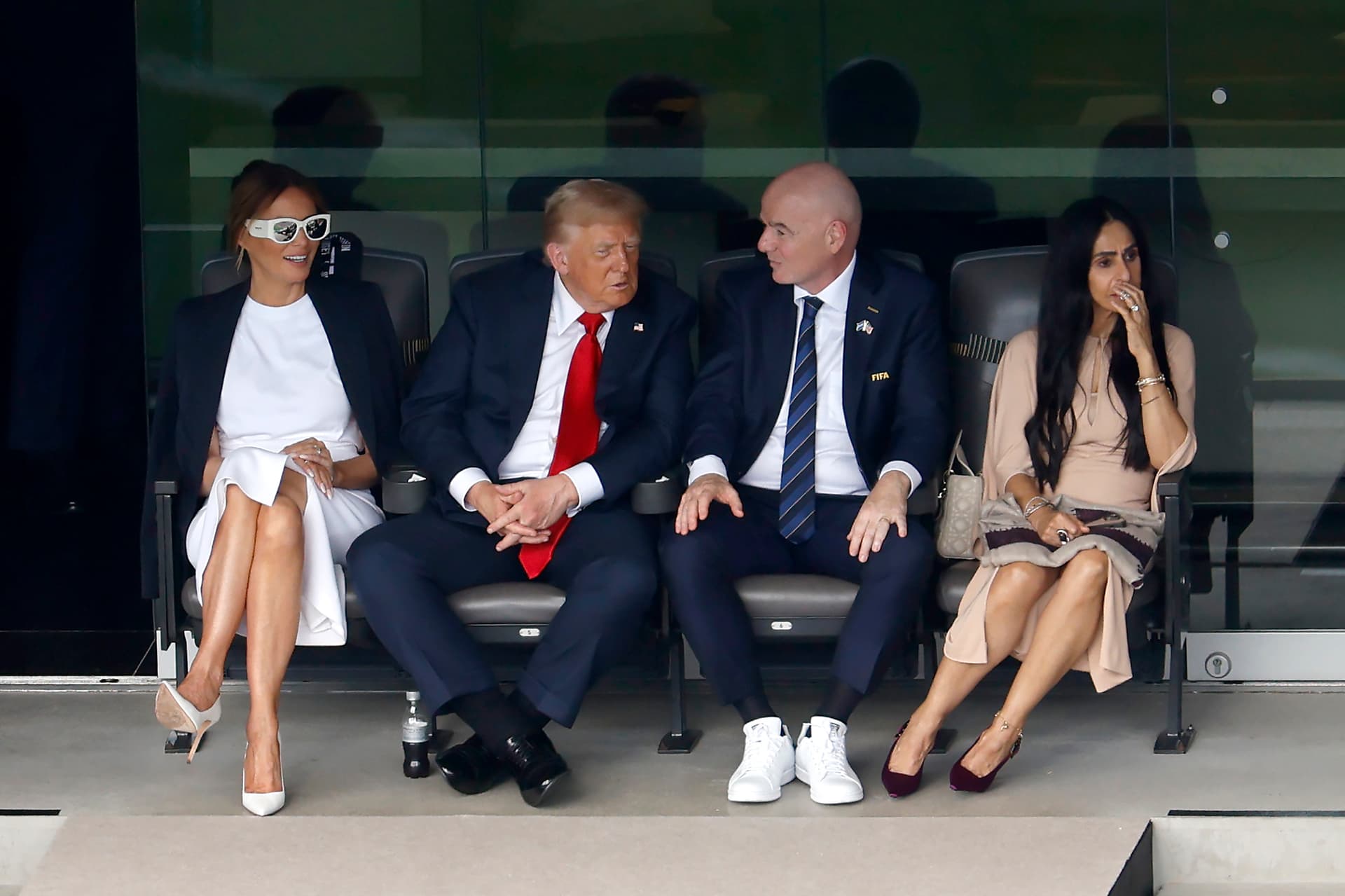Recent photos, like this showing President Trump and first lady Melania Trump with FIFA President Gianni Infantino at MetLife Stadium on July 13, 2025, prompted speculation about swelling in the president’s ankles.