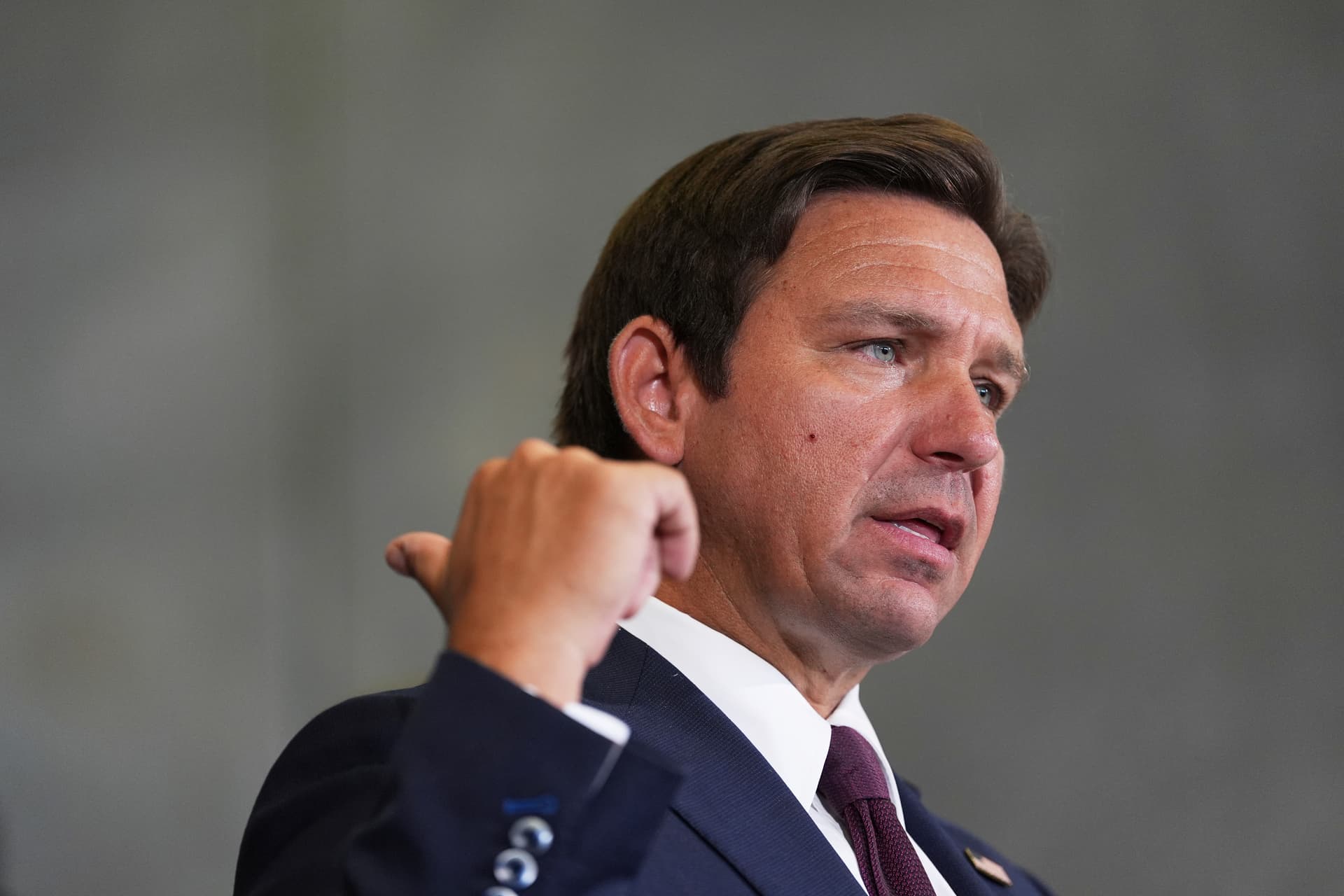 Governor Ron DeSantis of Florida speaks during a news conference about immigration enforcement in Miramar, Florida on May 1, 2025. 