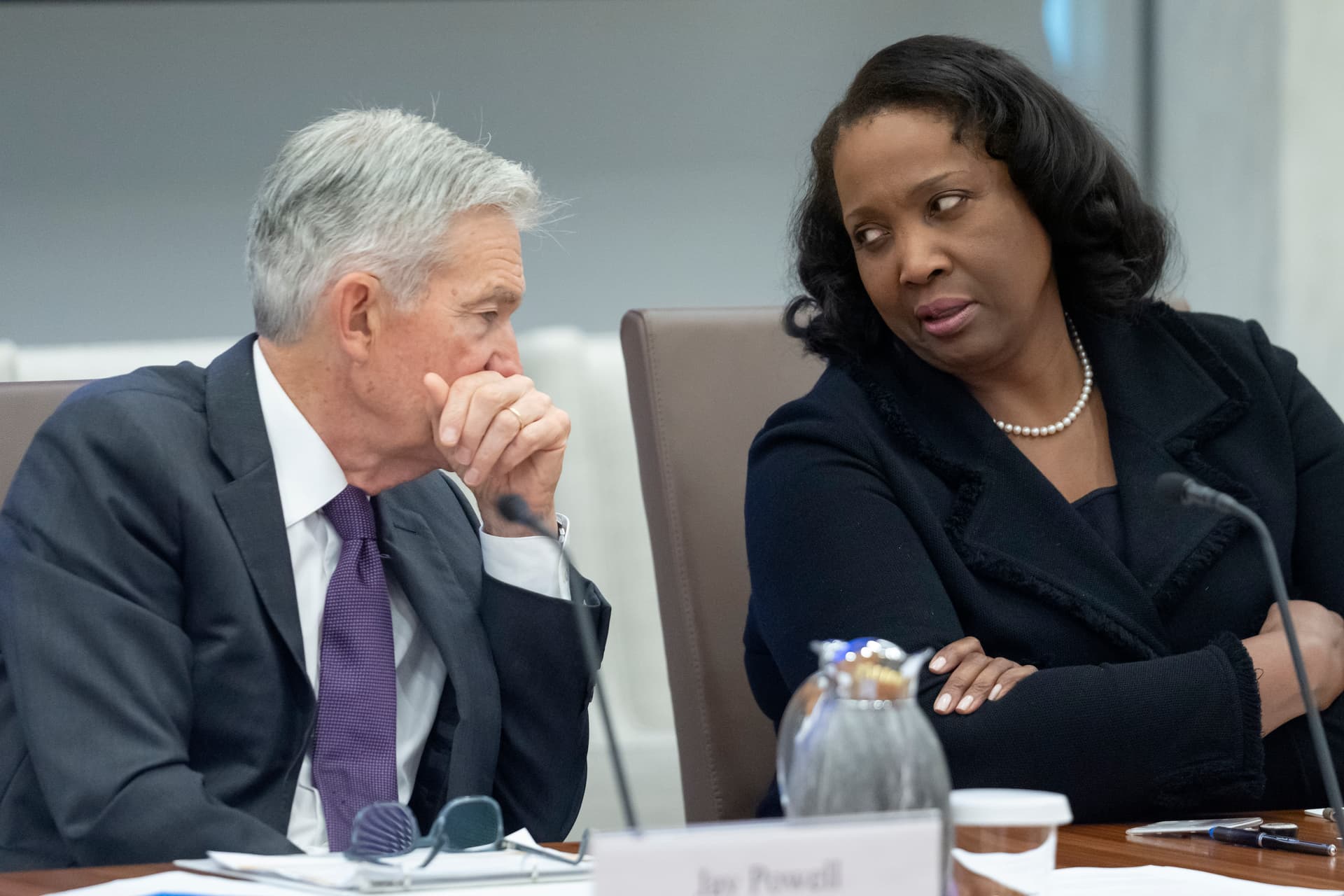 The Federal Reserve chairman, Jerome Powell, talks with board member Lisa Cook during a Board of Governors meeting at Washington on June 25, 2025.