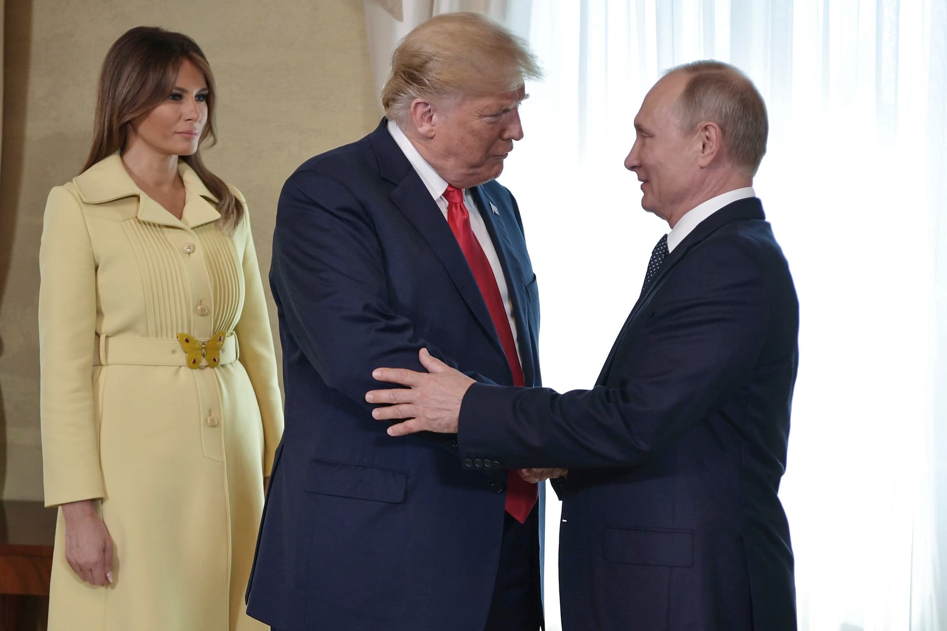 Melania Trump watches as Presidents Trump and Vladimir Putin of Russia welcome each other at 2018 summit at Helsinki, Finland.
