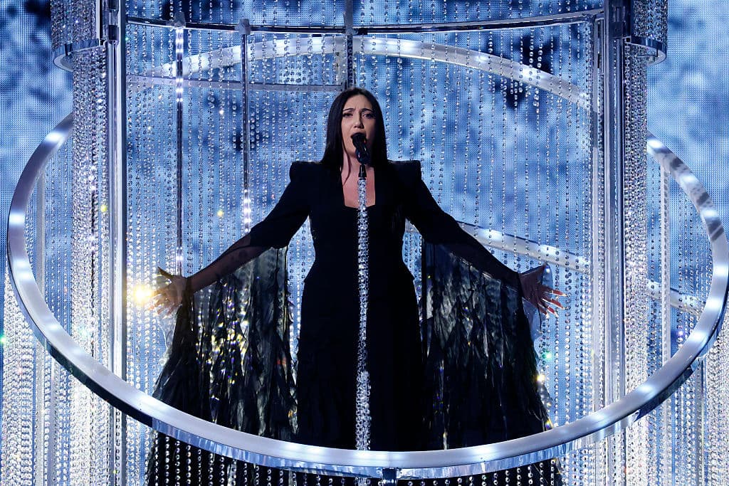 Yuval Raphael representing Israel performs during the rehearsal ahead of the 69th Eurovision Song Contest Grand Final at St. Jakobshalle on May 17, 2025 at Basel, Switzerland.