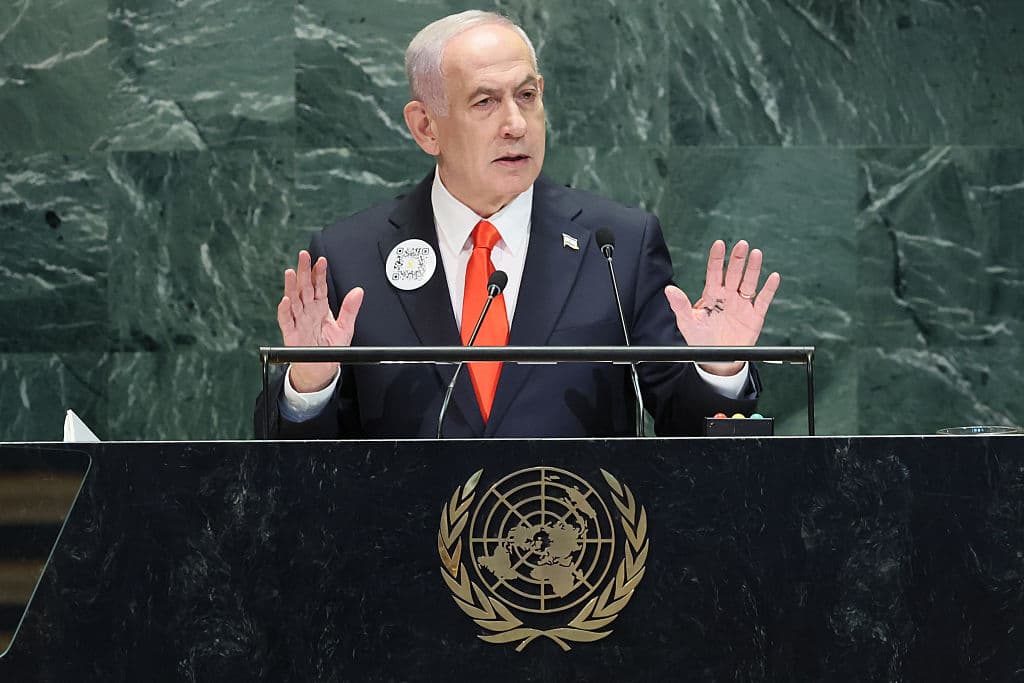 Prime Minister Benjamin Netanyahu addresses the United Nations General Assembly on September 26, 2025 at New York City. 