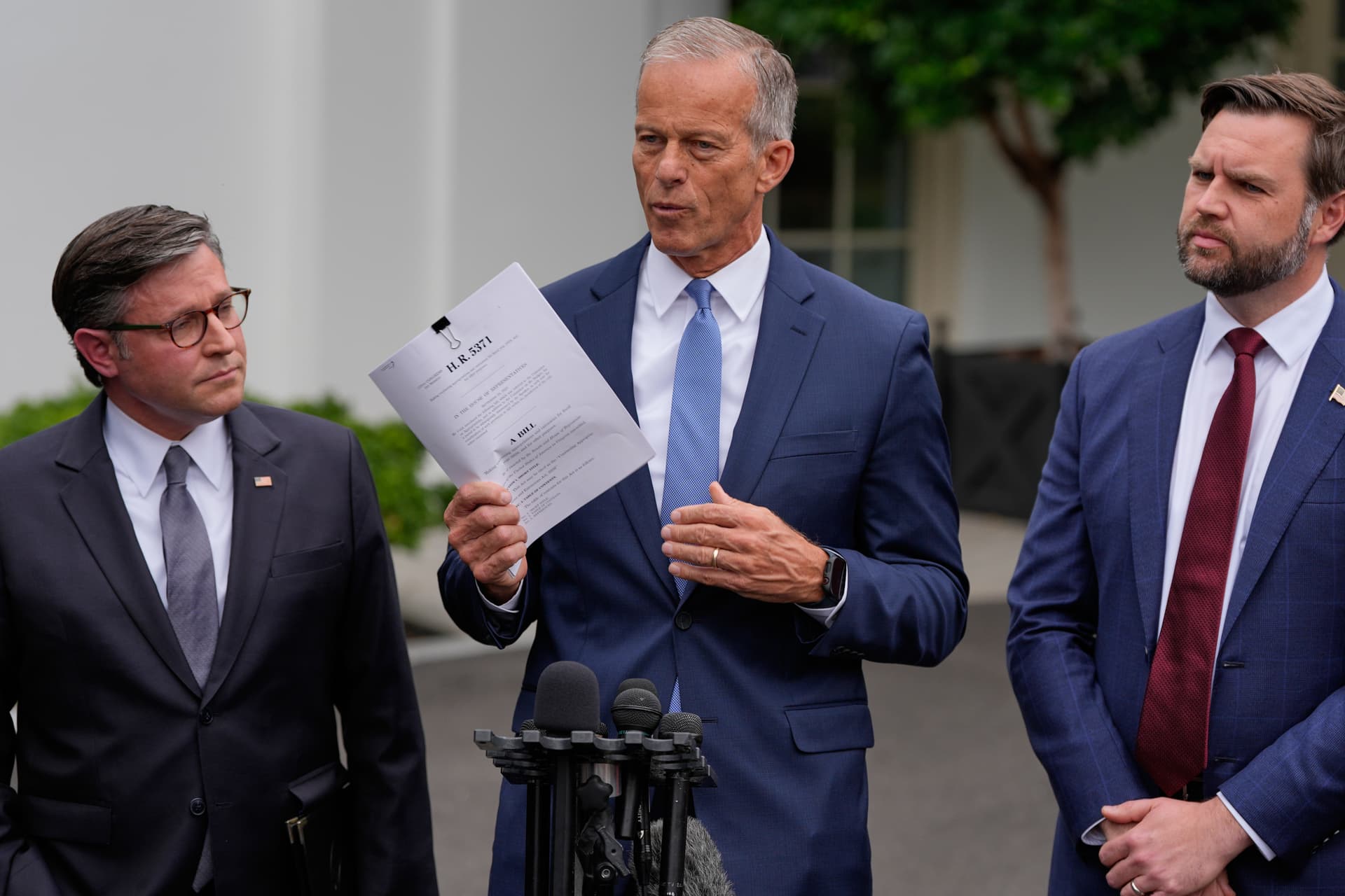 Senator John Thune talks to reporters outside the White House,  September 29, 2025.