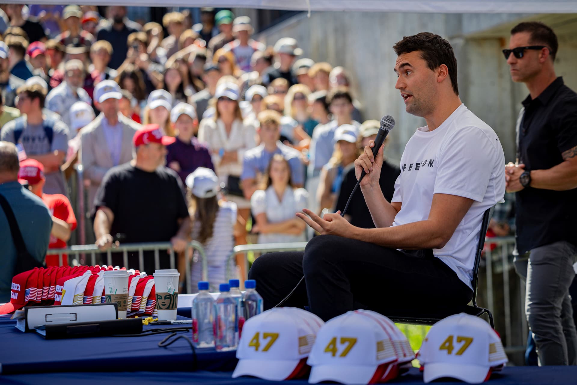 Charlie Kirk speaks before he is fatally shot during Turning Point's visit to Utah Valley University at Orem, Utah, September 10, 2025. 