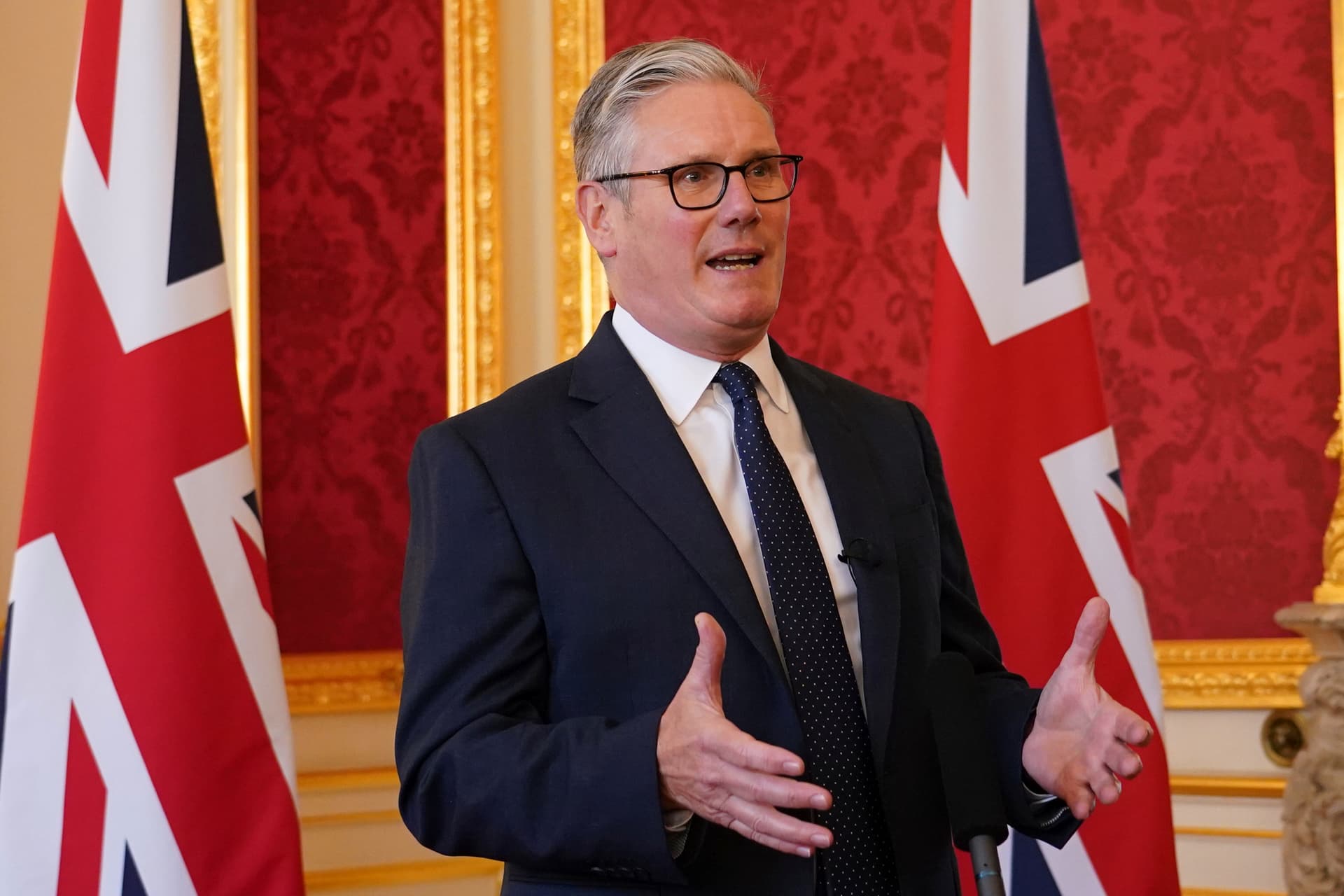Britain's prime minister, Sir Keir Starmer, speaks at Lancaster House at London, September 15, 2025.